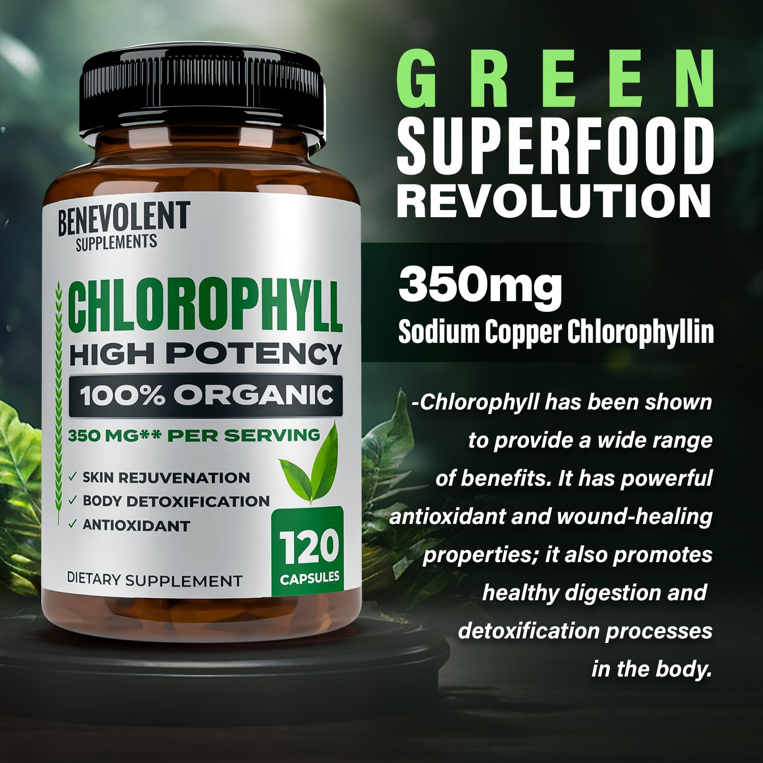 Benevolent Chlorophylle, soutien digestif potentiel en capsules.