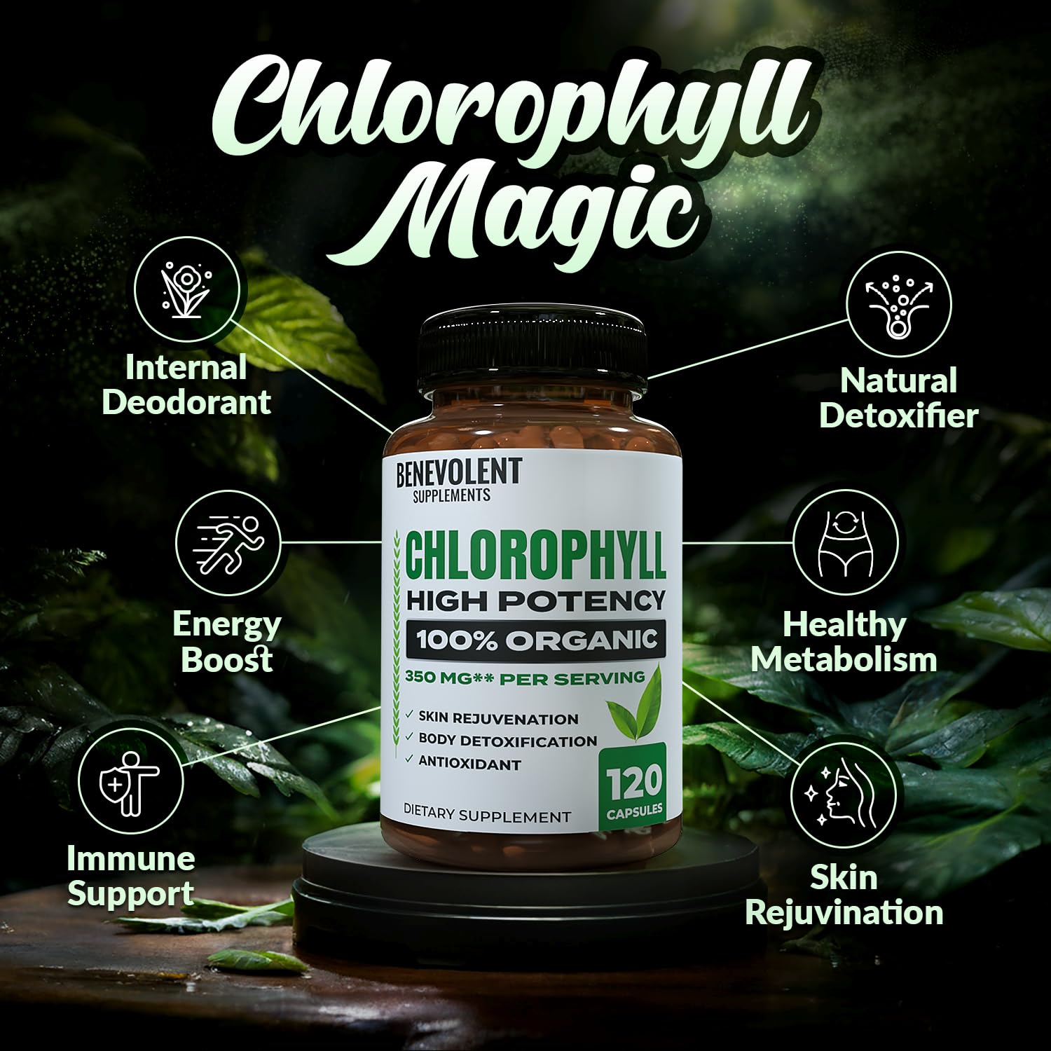 Capsules Benevolent Chlorophylle 350 mg, soutien potentiel à l’énergie au quotidien.
