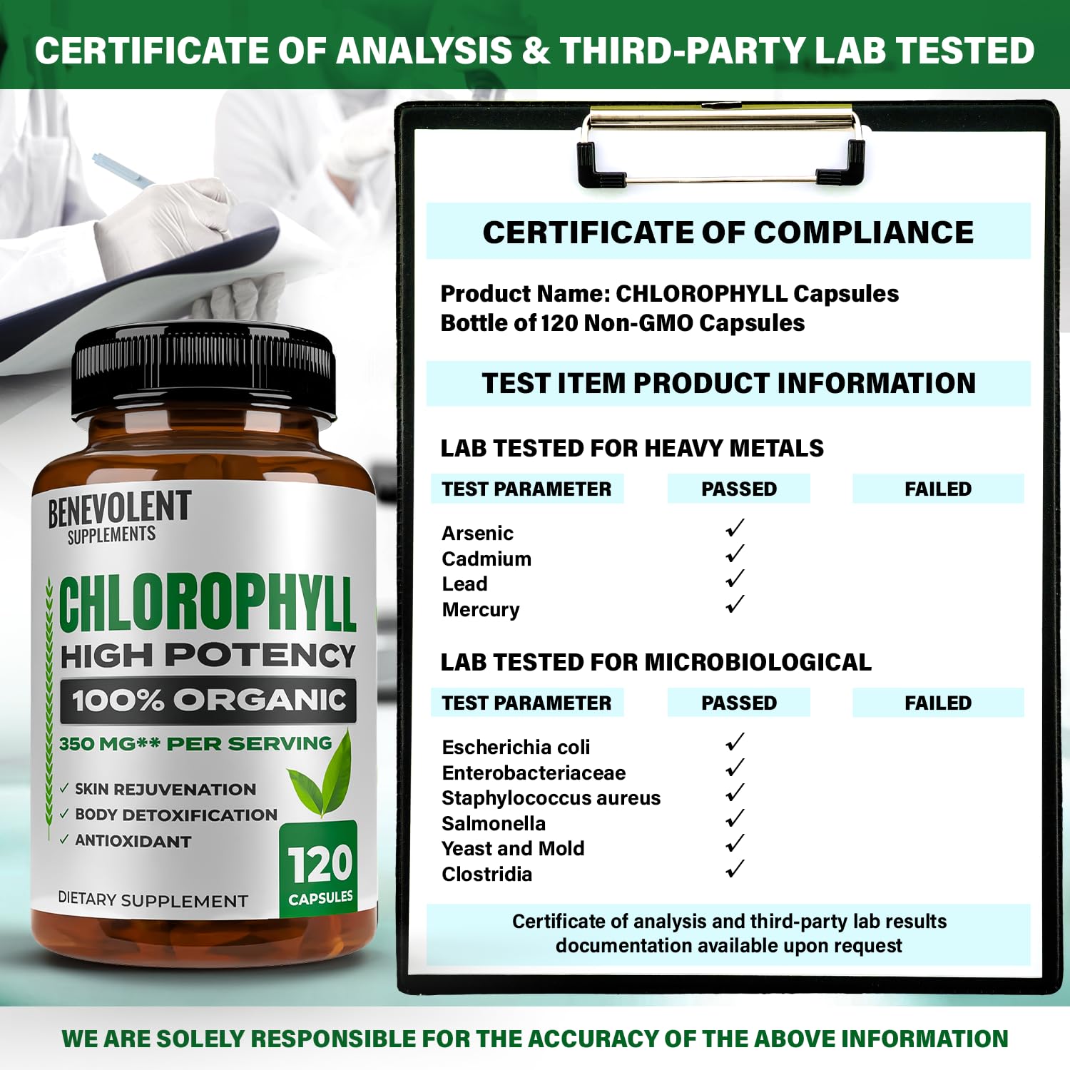 Capsule Benevolent Chlorophylle 350 mg, pureté et traçabilité.