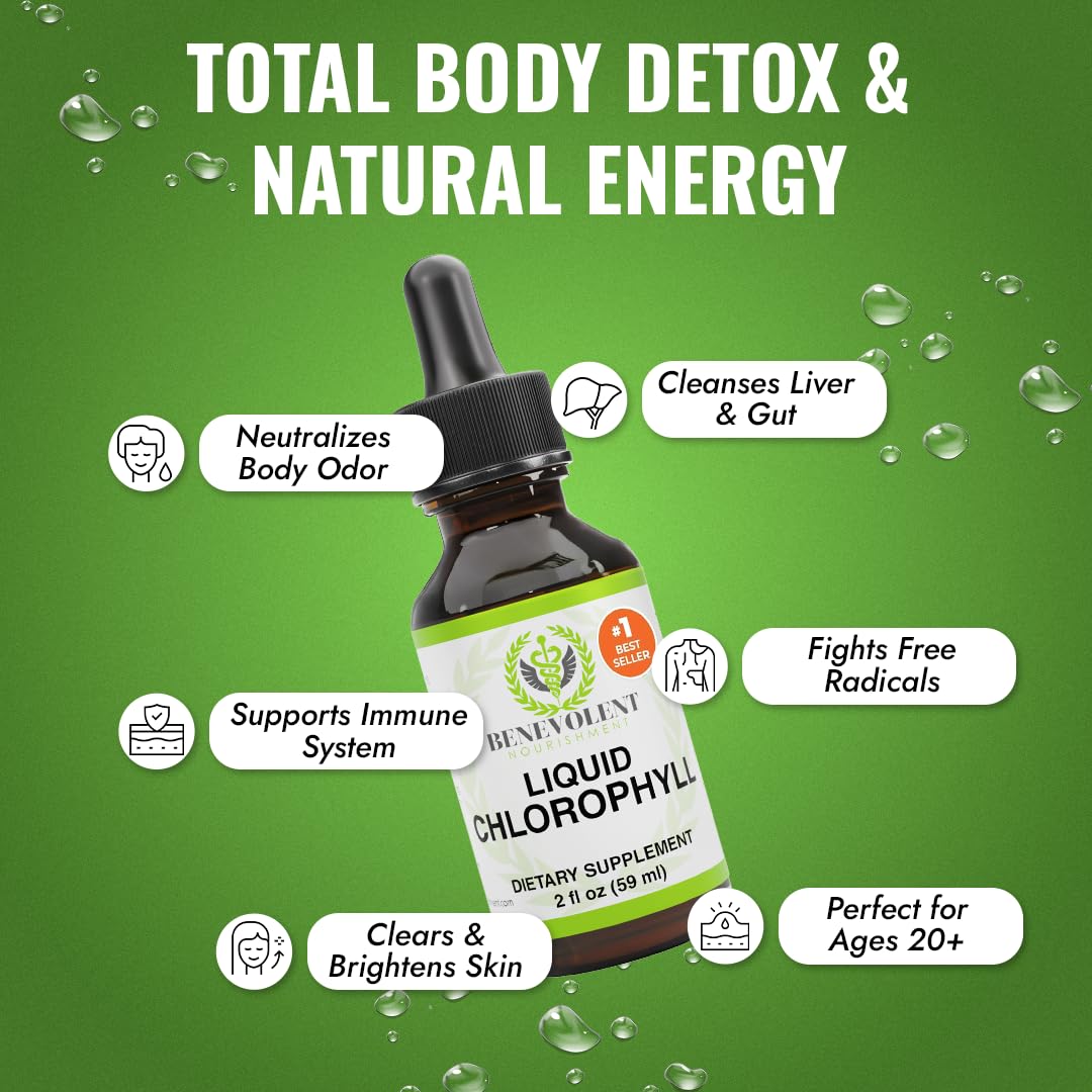 Gouttes chlorophylle Benevolent Nourishment, étiquette visible: peau éclatante et soutien digestif potentiel.