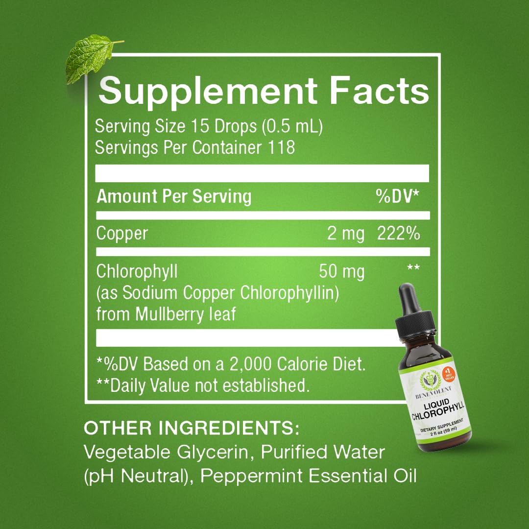 Gouttes chlorophylle Benevolent Nourishment, flacon: goût menthe rafraîchissant et prise facile.