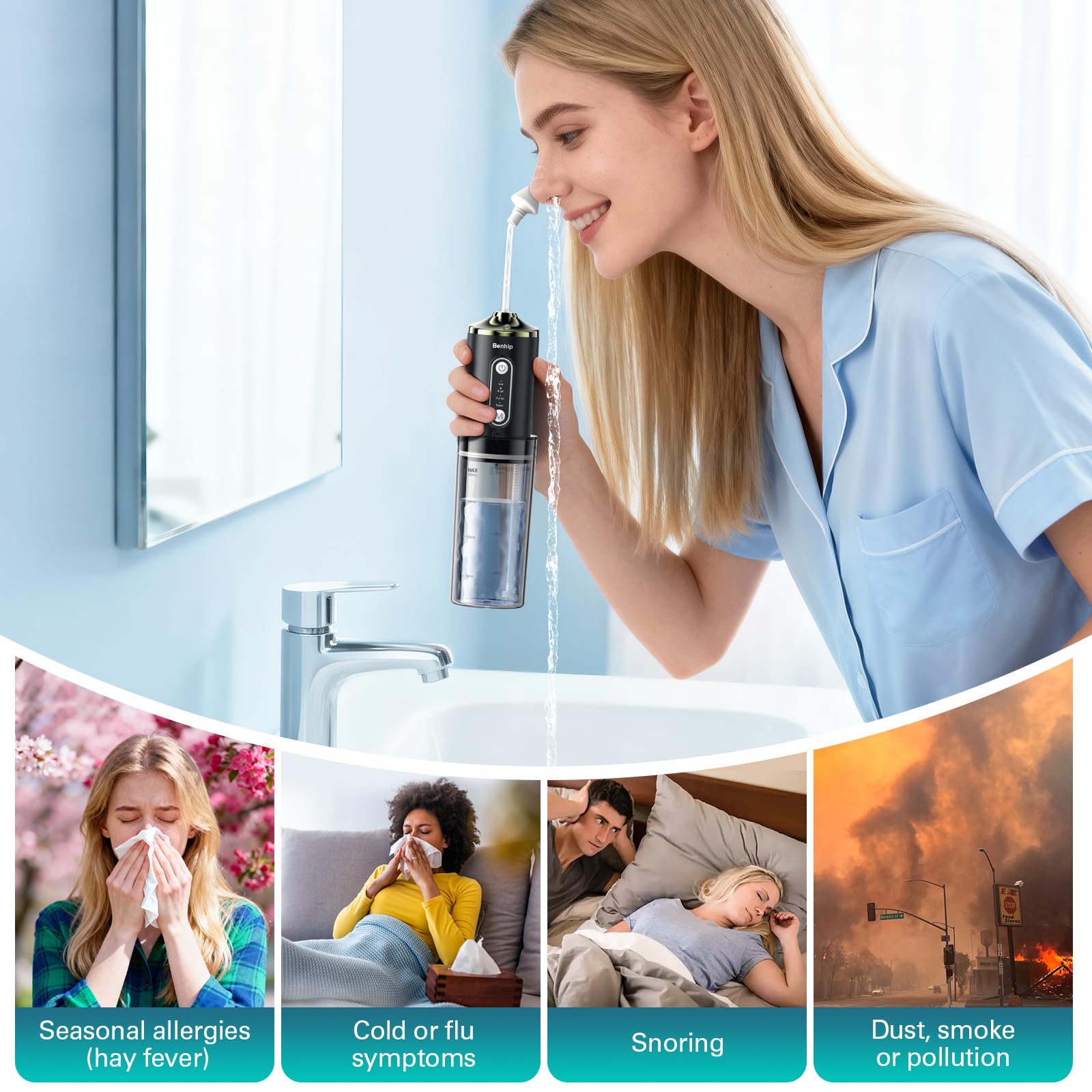 Benhip-bouteille-neti-pot-compact prête pour une utilisation facile en déplacement.