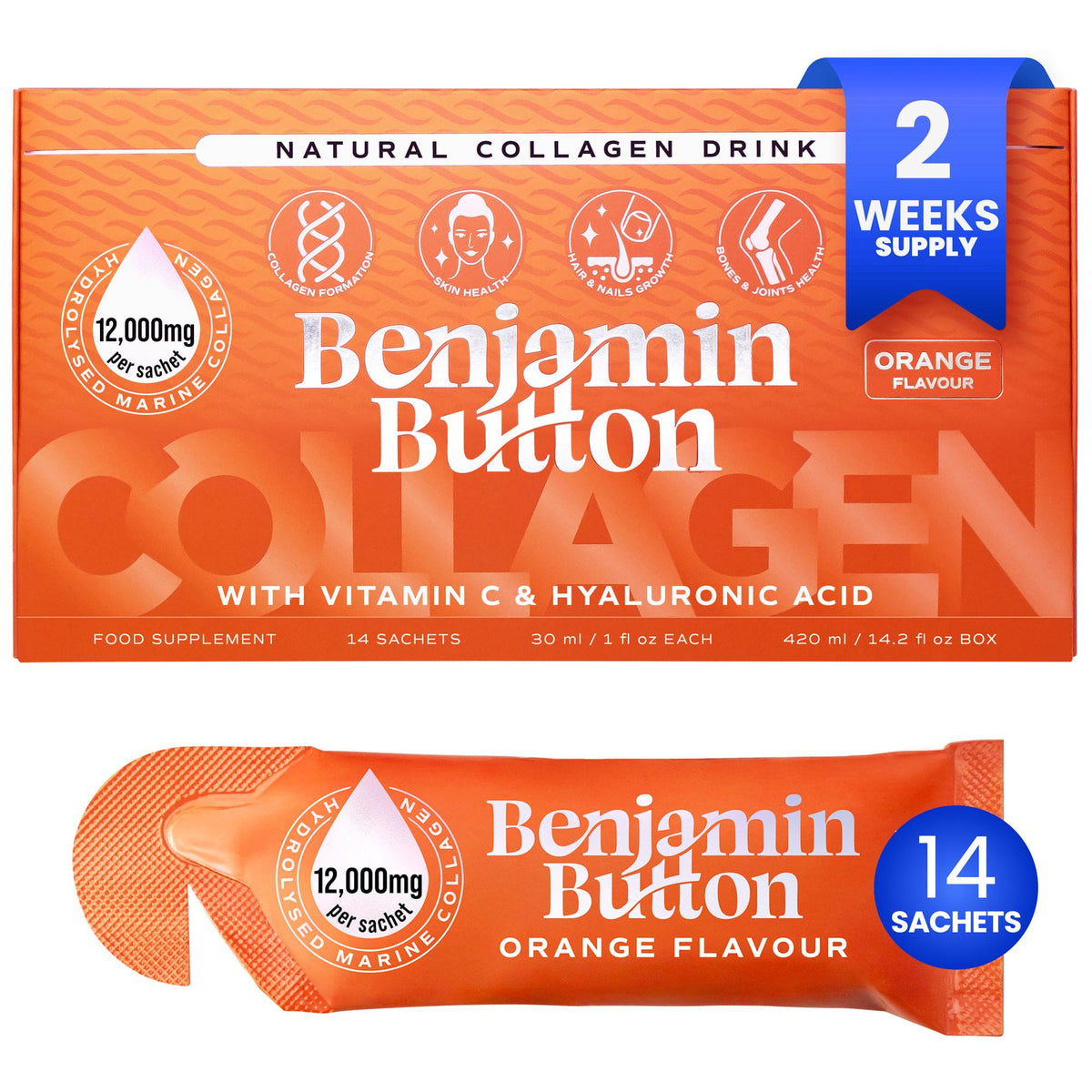 Benjamin Button bouteille collagène marin 12 000 mg, format pratique.