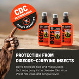Étiquette DEET 30% indiquant une protection potentielle contre moustiques.