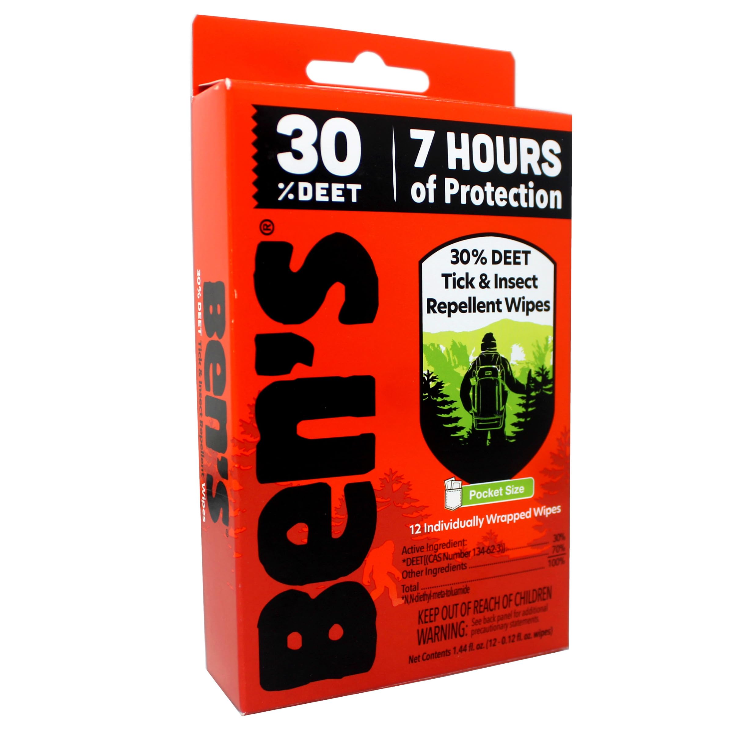 Lingettes Ben's DEET 30% sans alcool, formulation à base d'eau pour usage extérieur.