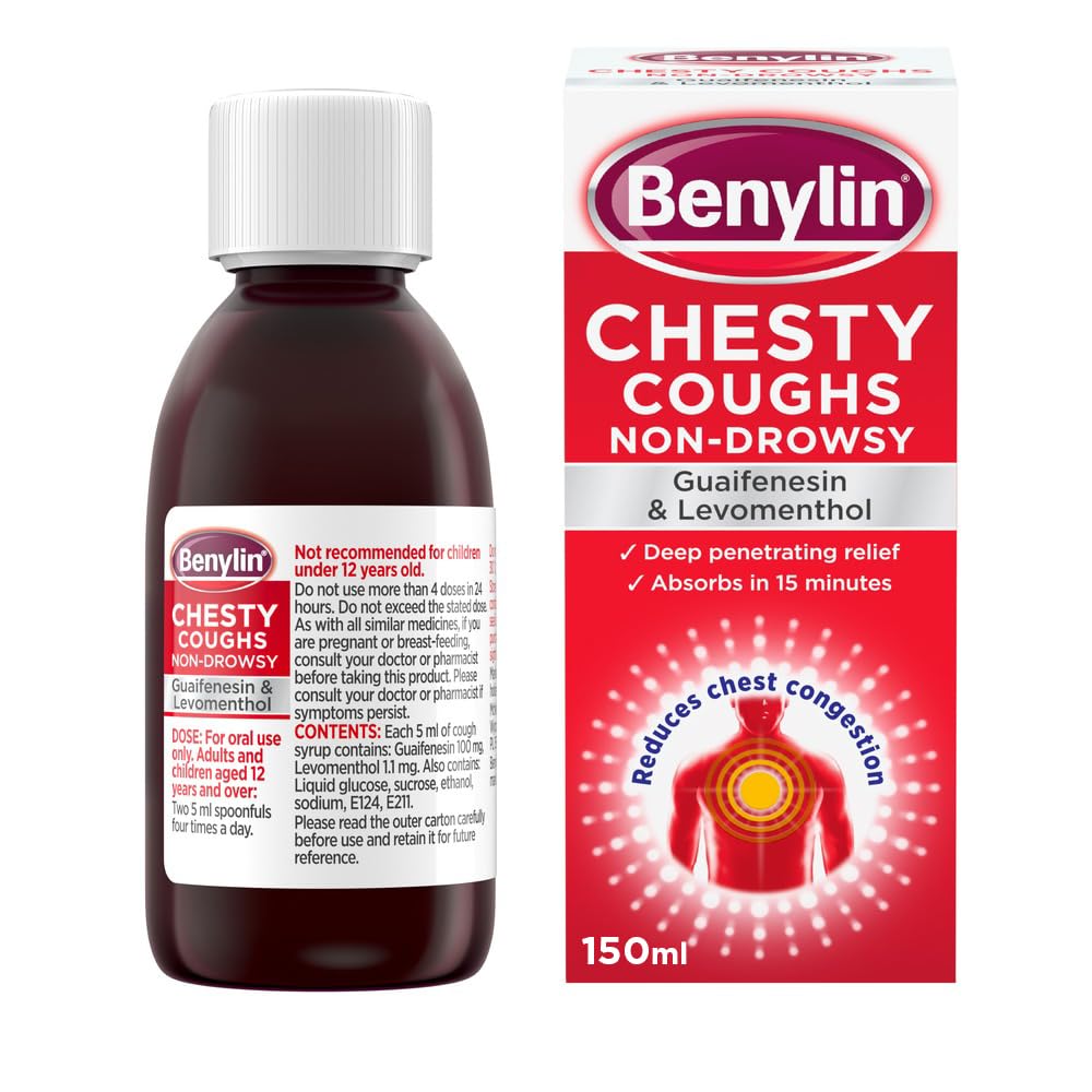 Benylin Toux du Poitrine - bouteille-sirop, visuel clair montrant la bouteille et sa texture fluide.