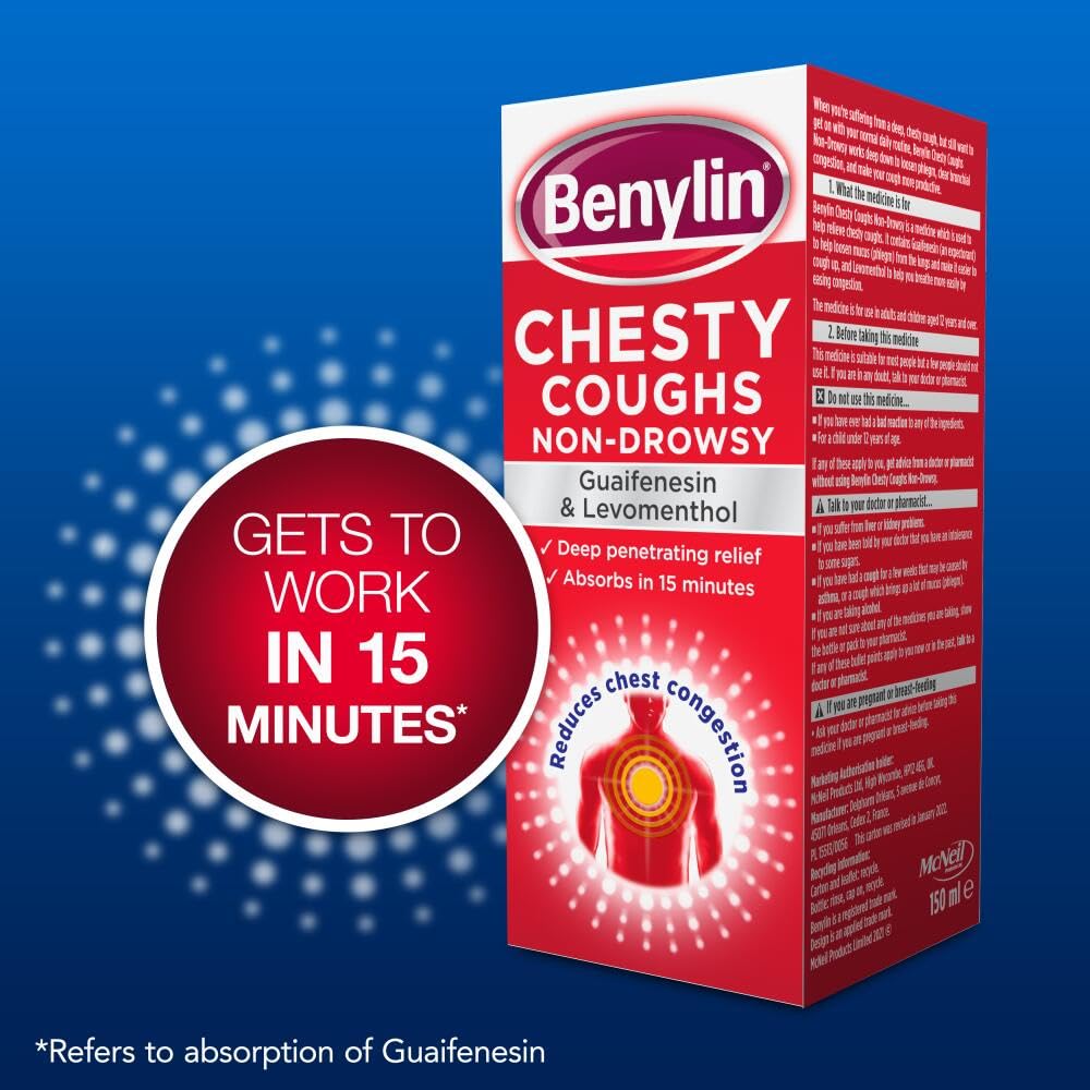 Benylin Toux du Poitrine - étiquette lisible, informations essentielles sur le produit.