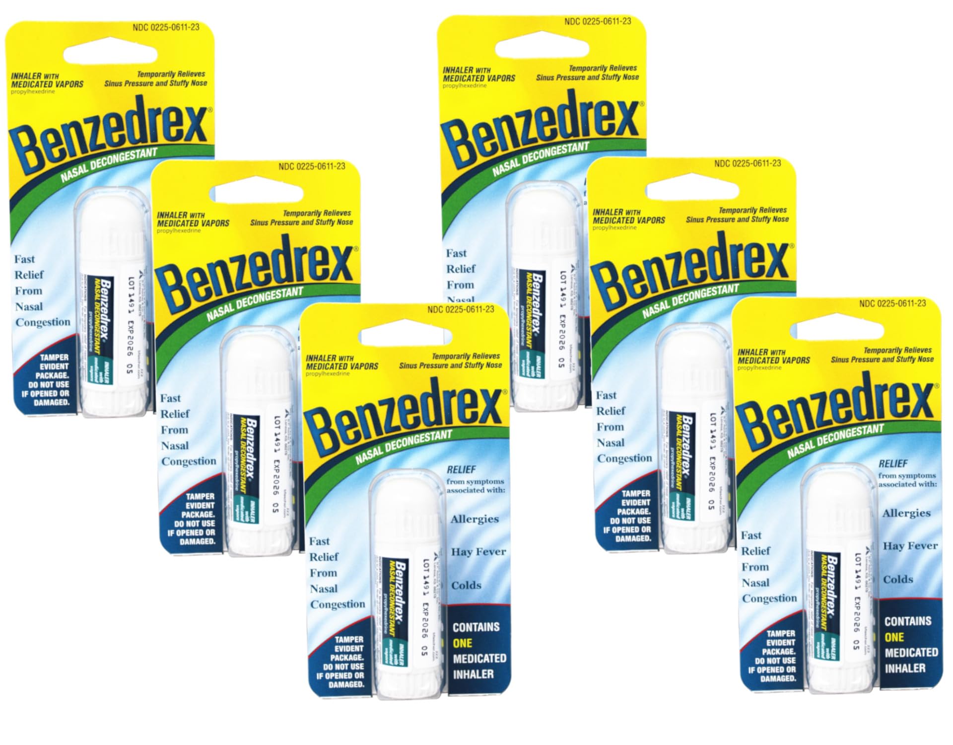 Benzedrex inhalateur nasal, emballage six unités, soulagement rapide du nez bouché.