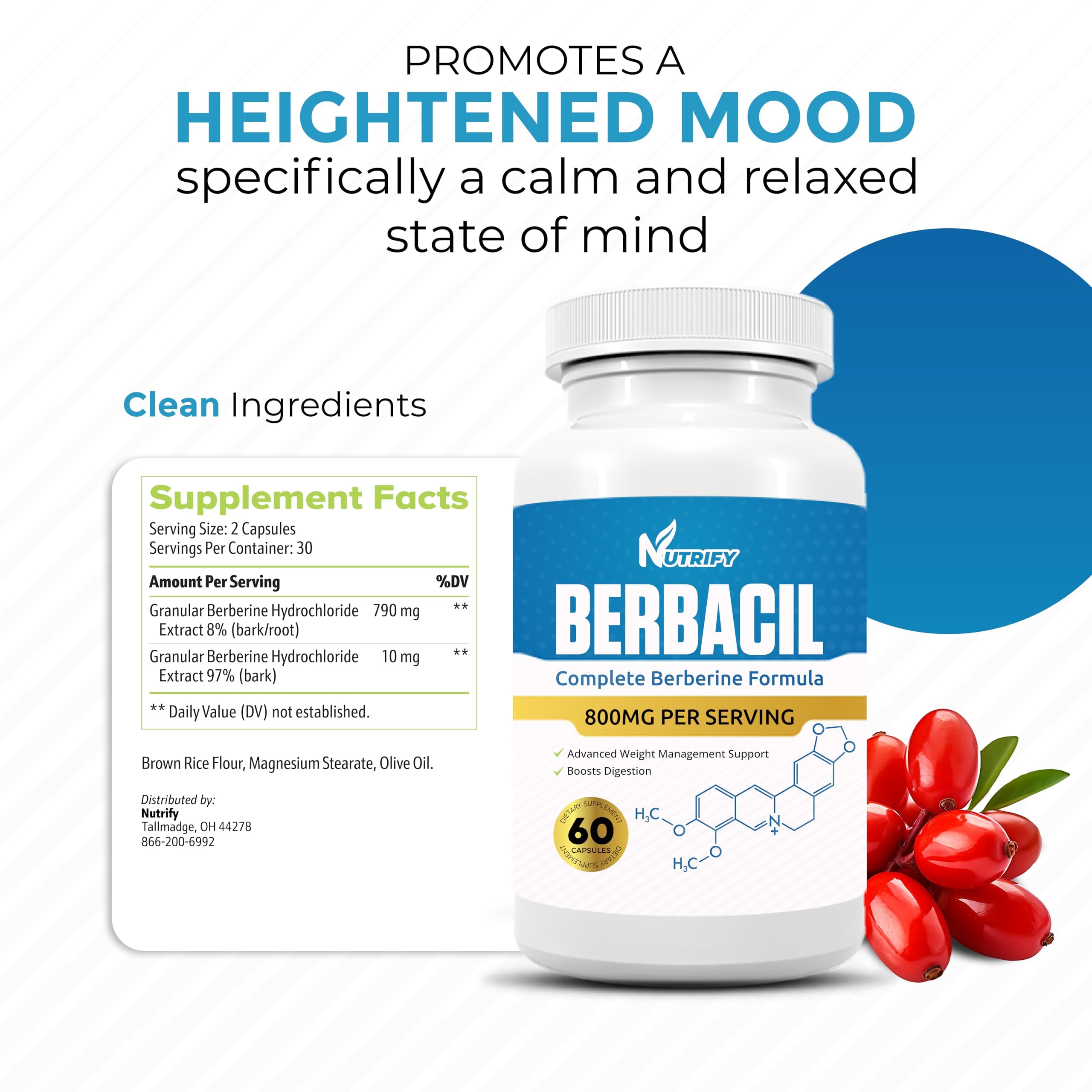 Berbacil Berberine : etiquette proche montrant les informations de la formule complète.