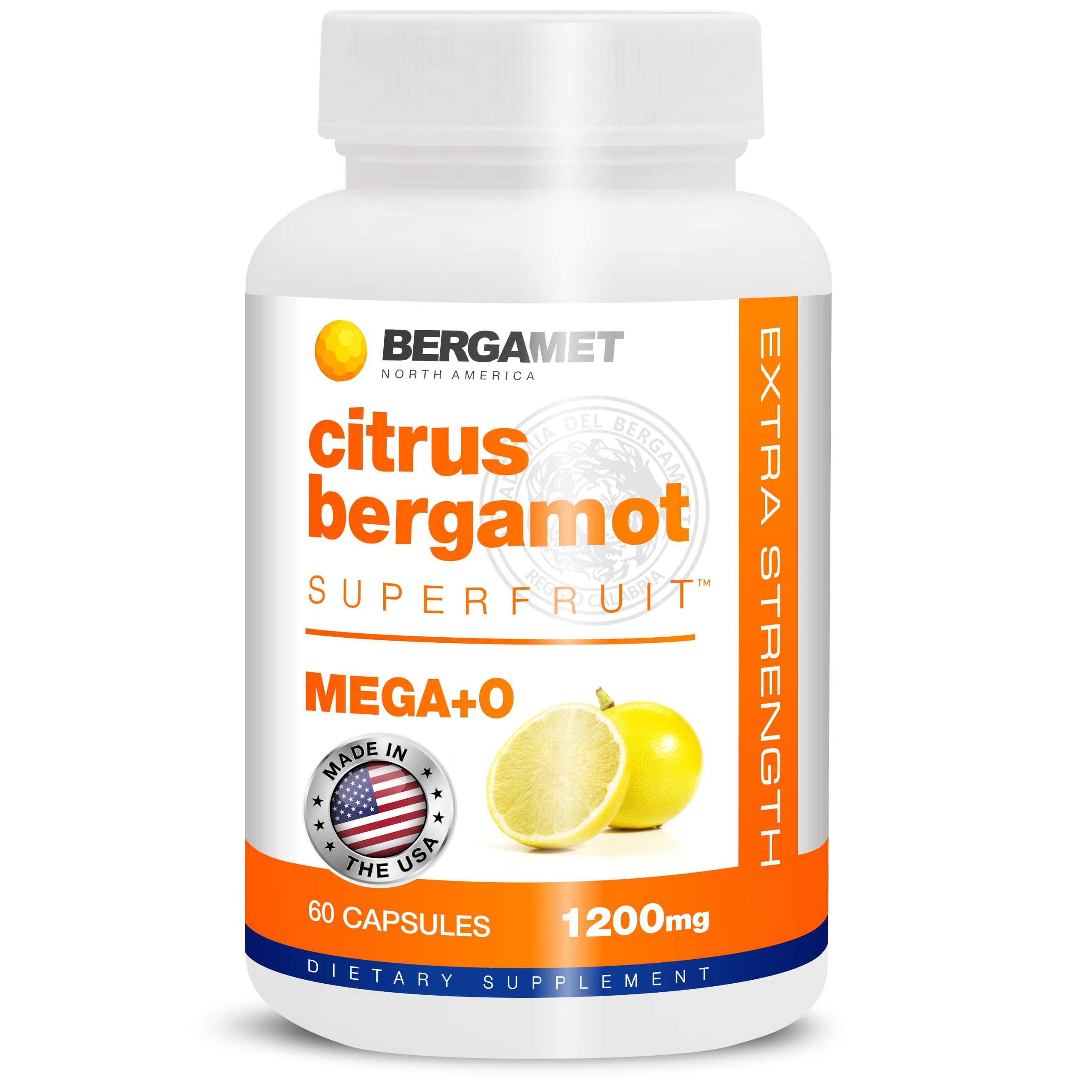 BergaMet Citrus Bergamot – bouteille de capsules, soutien potentiel à l'équilibre lipidique sain.