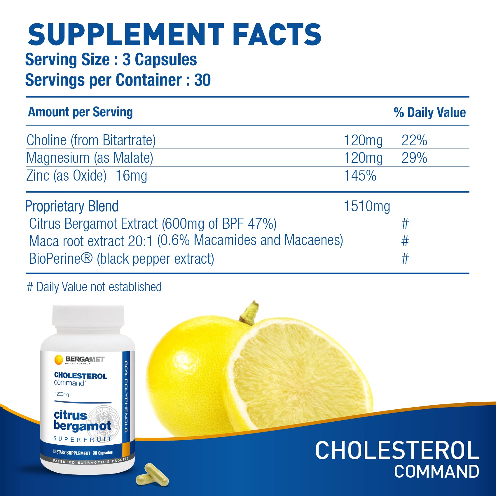 Capsules BergaMet Cholesterol Command, format pratique pour prise quotidienne.