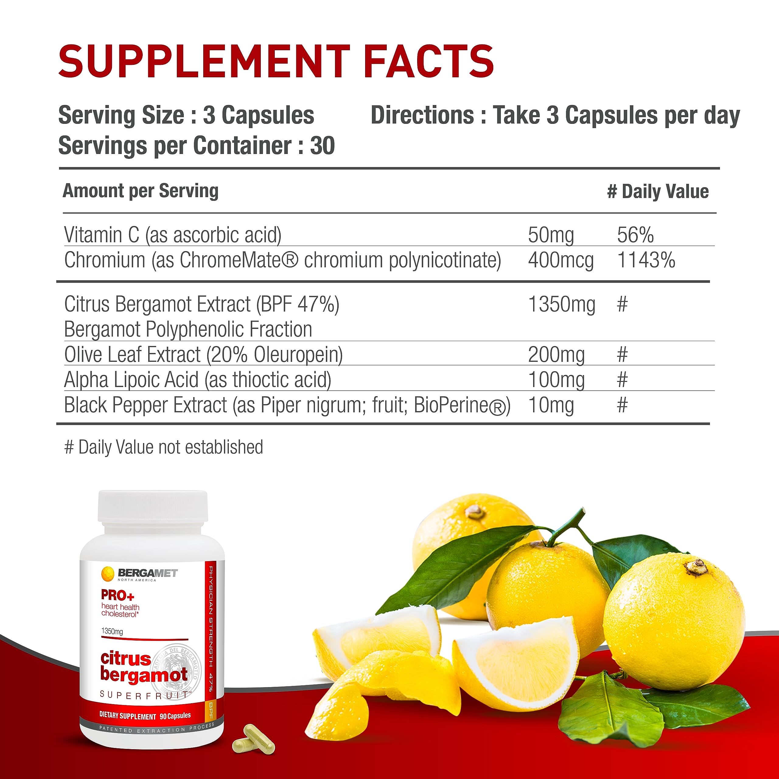 BergaMet Citrus Bergamot ProPlus – etiquette claire avec ingrédients et valeurs.