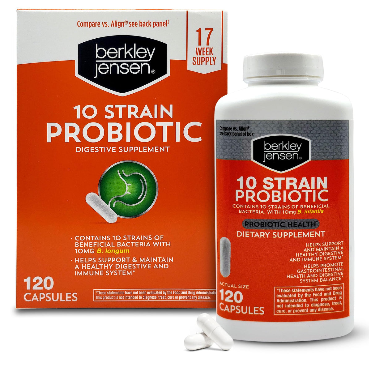 Berkley Jensen Probiotiques – bouteille affichant 10 souches et étiquette claire.