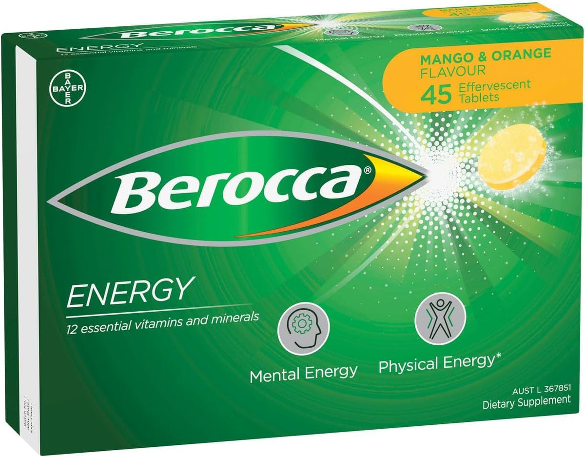 Berocca Energy tablettes effervescentes mangue-orange, pour énergie quotidienne.