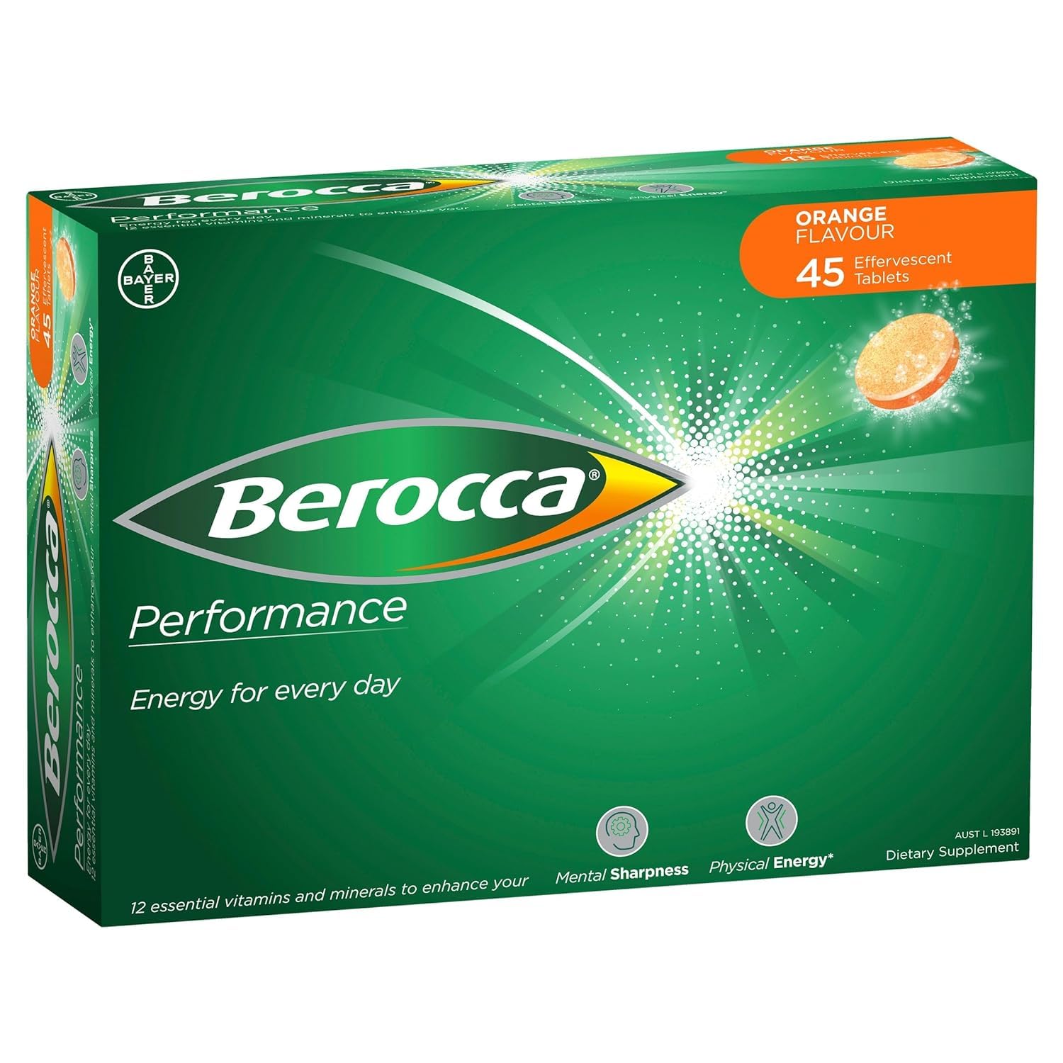 Berocca Orange boîte 45 comprimés, comprimés effervescents faciles à préparer.