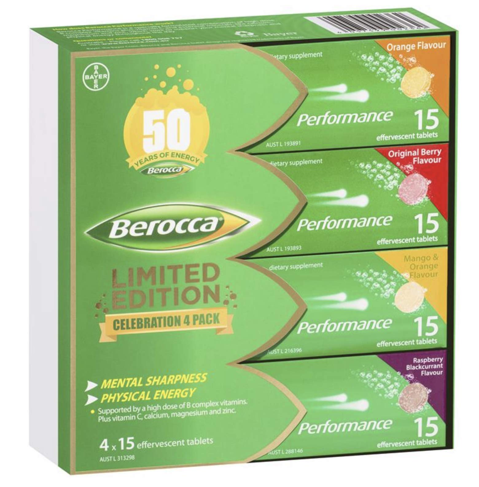 Berocca Performance tablettes effervescentes baies originales, goût fruité et énergie durable.