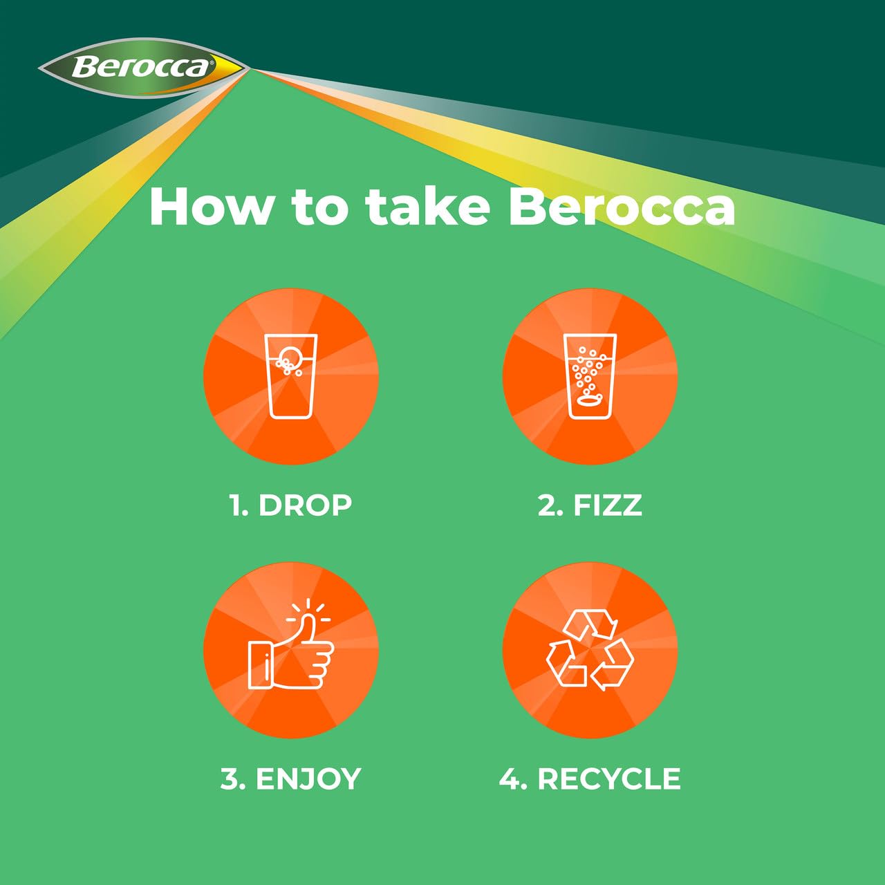 Verre d'eau avec Berocca: tablette orange qui se dissout pour une boisson fruitée.