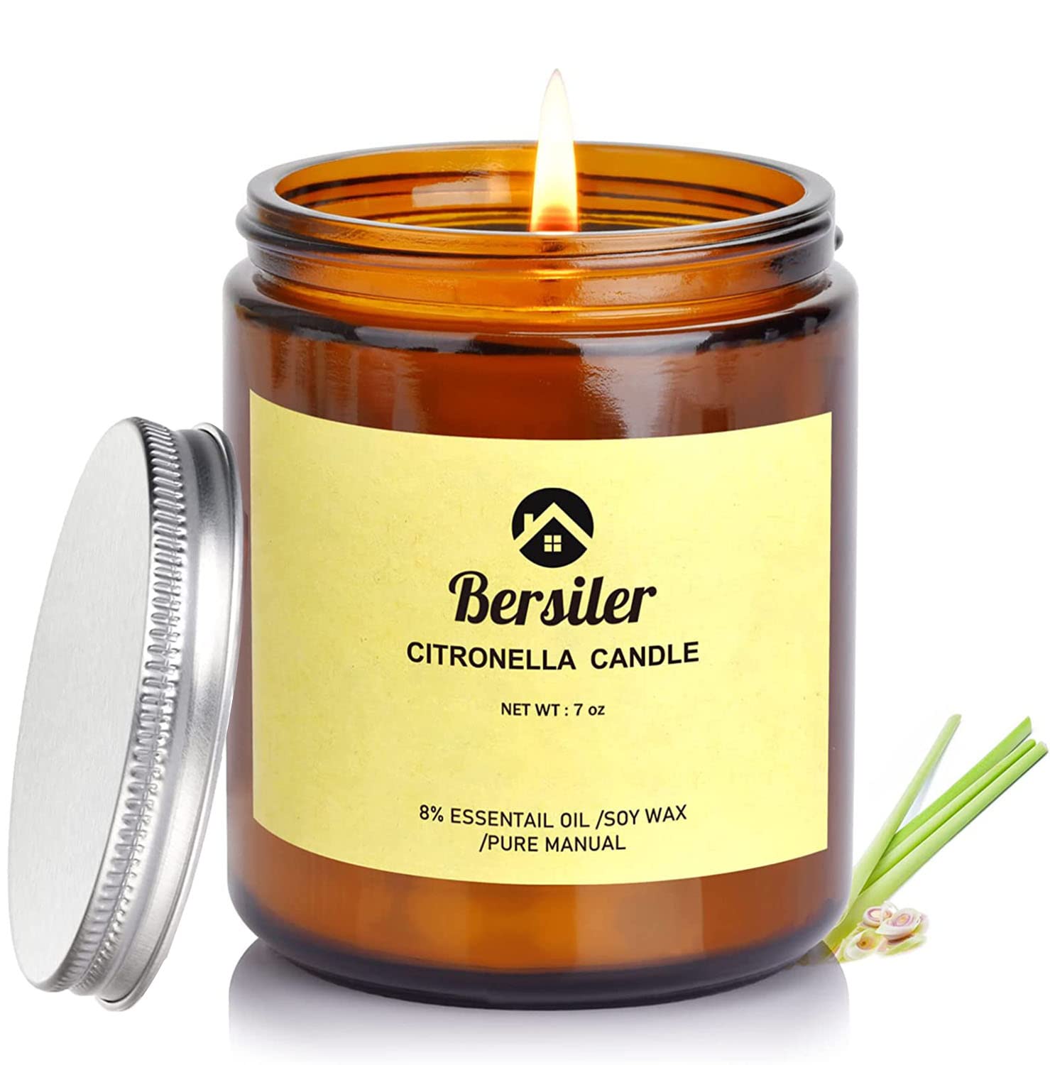 Bougie Bersiler citronnelle et herbe aromatique allumée avec lumière chaude