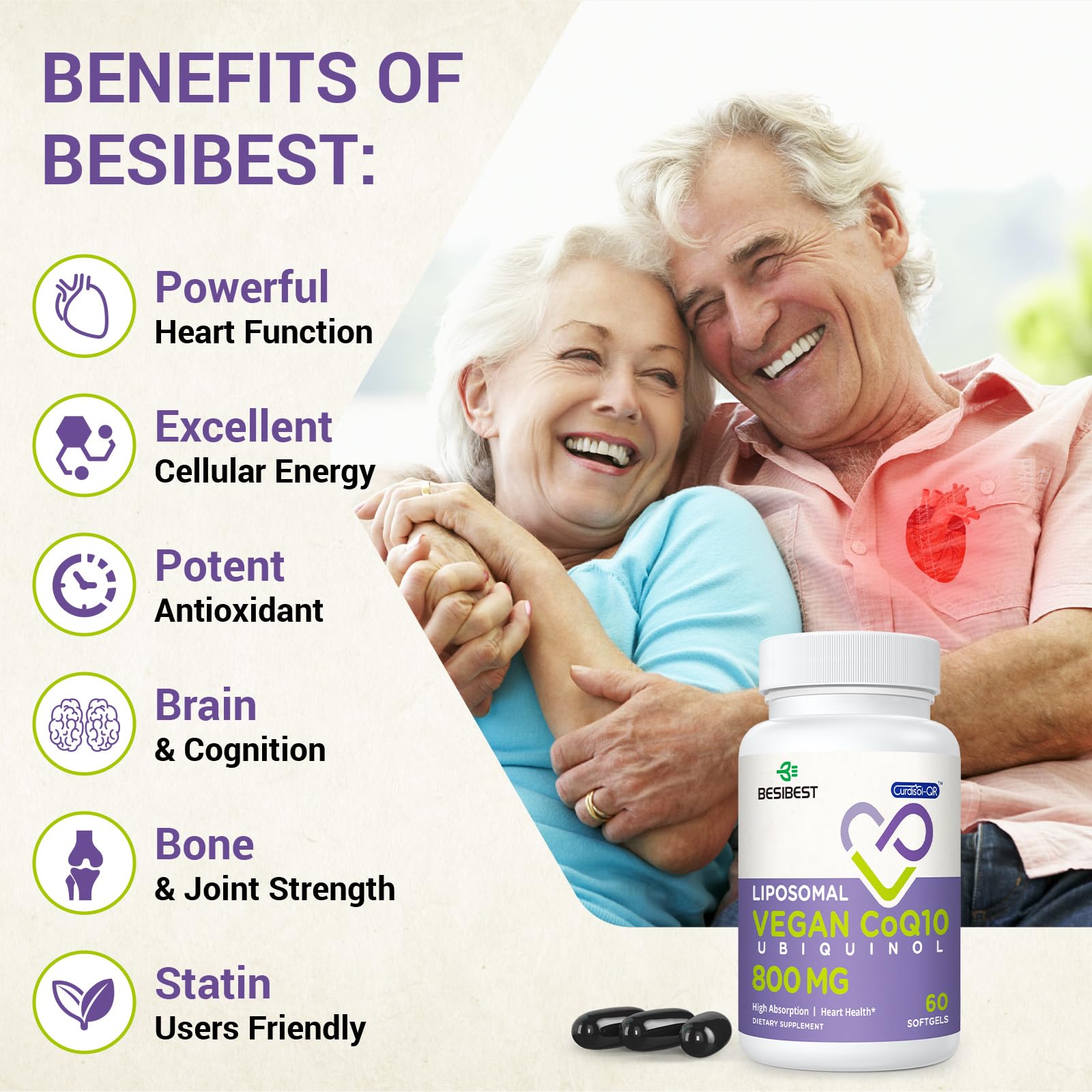 Besibest Liposomal CoQ10 800 mg, 60 gélules véganes, qualité premium
