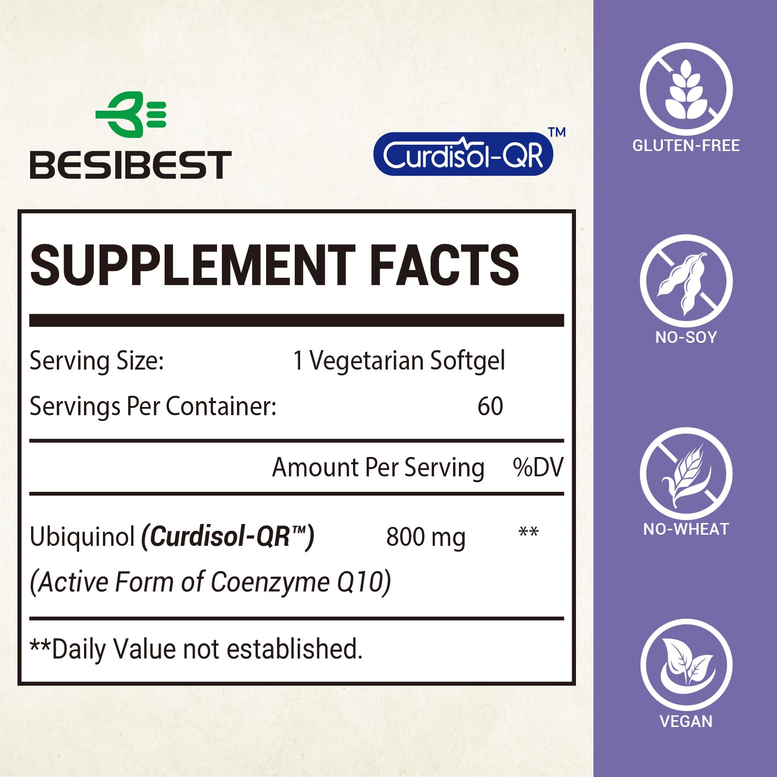 Besibest CoQ10 800 mg, gélules véganes, haute biodisponibilité pour le cœur et le cerveau