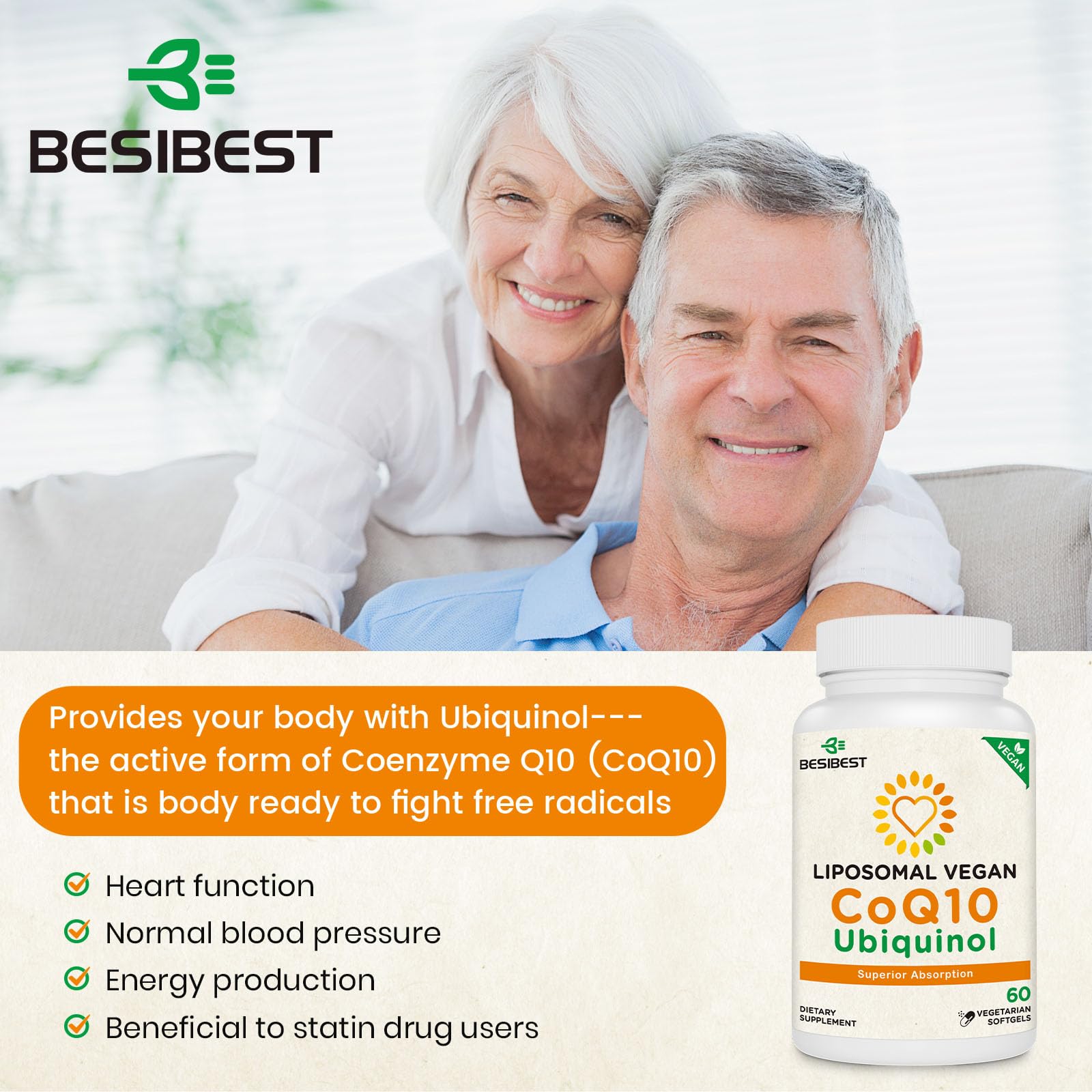Besibest: emballage du produit CoQ10 liposomal pour comprendre les usages