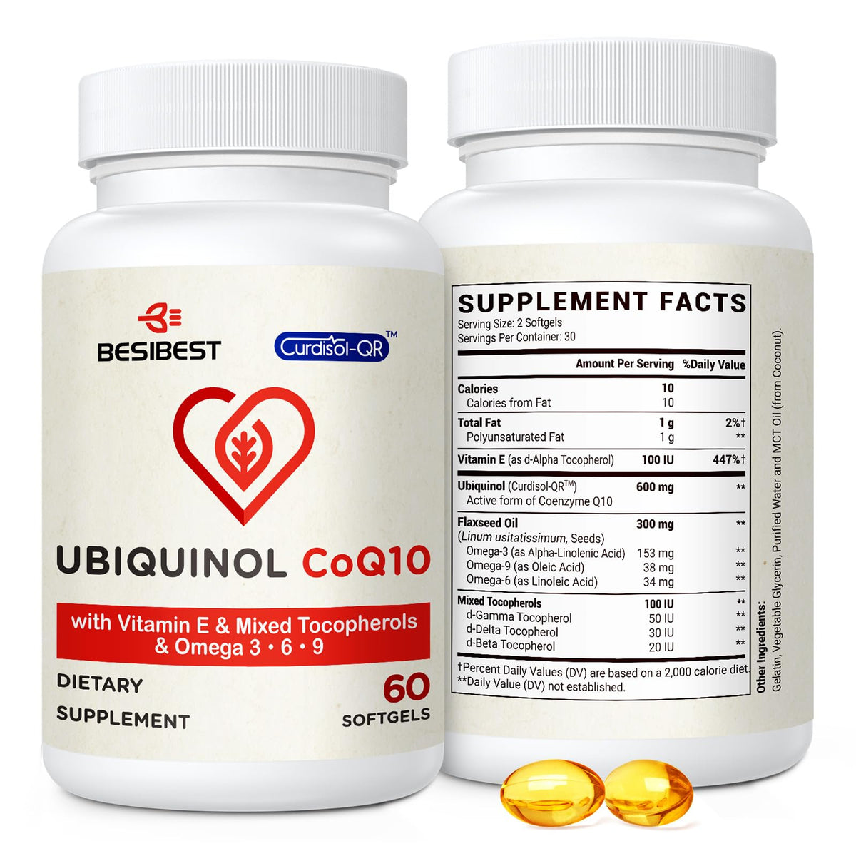 Besibest Ubiquinol 600 mg — boîte de capsules molles prête à l'emploi.