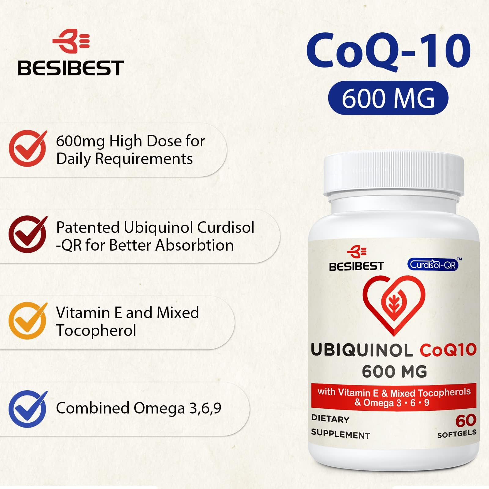 Besibest Ubiquinol 600 mg: dose quotidienne présentée, énergie potentielle