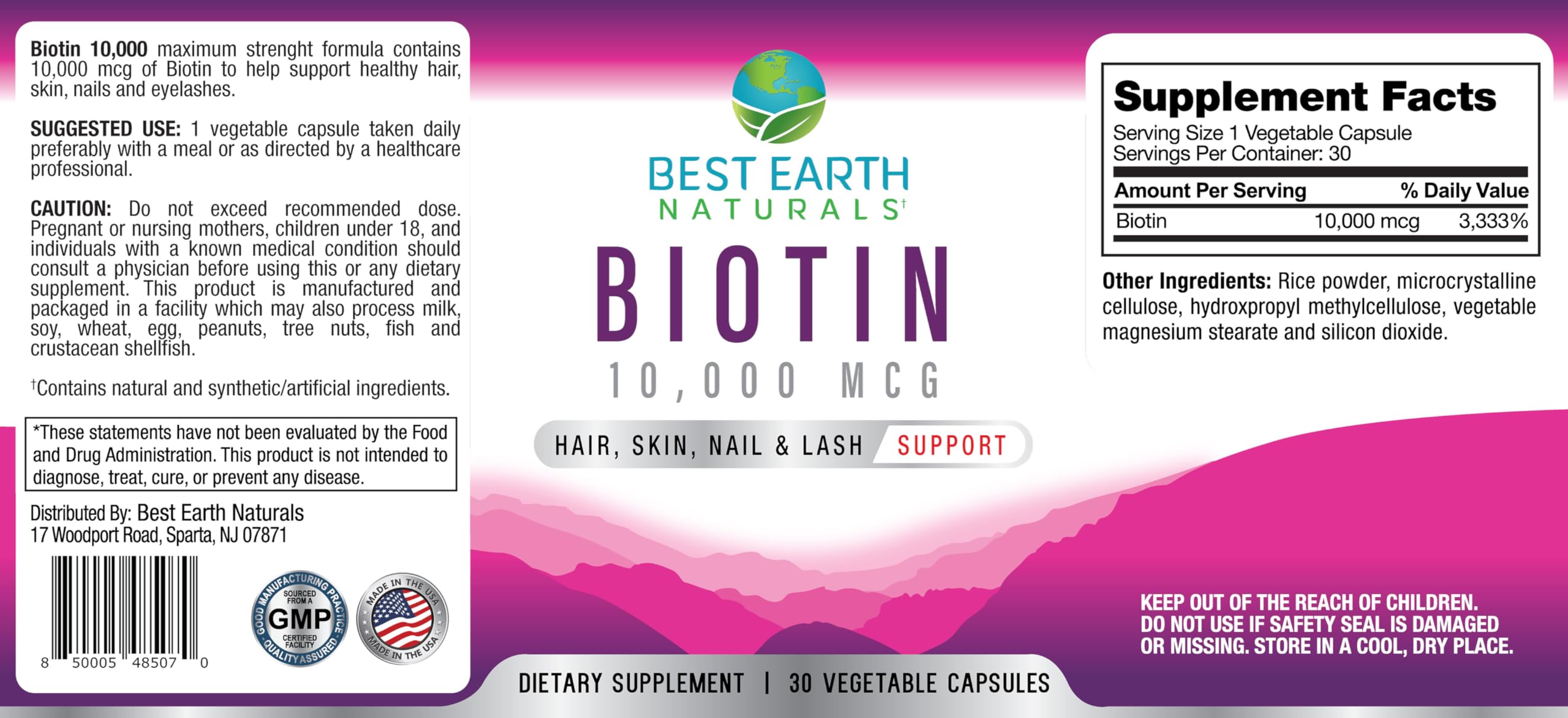 Biotine Best Earth Naturals 10000mcg – étiquette claire avec guide d’utilisation.