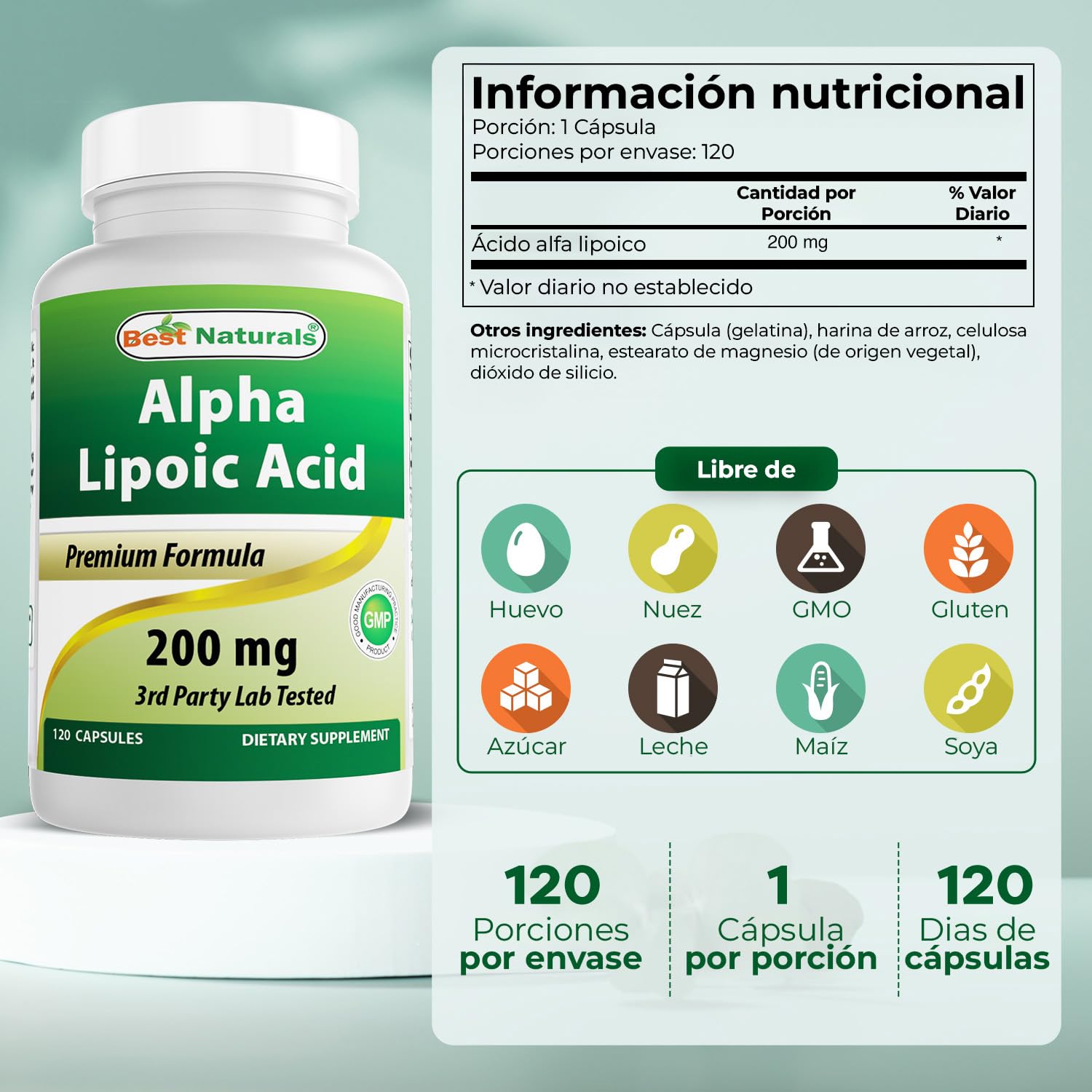 Best Naturals Acide alpha-lipoïque 200 mg – bouteille ouverte, accès facile aux capsules.