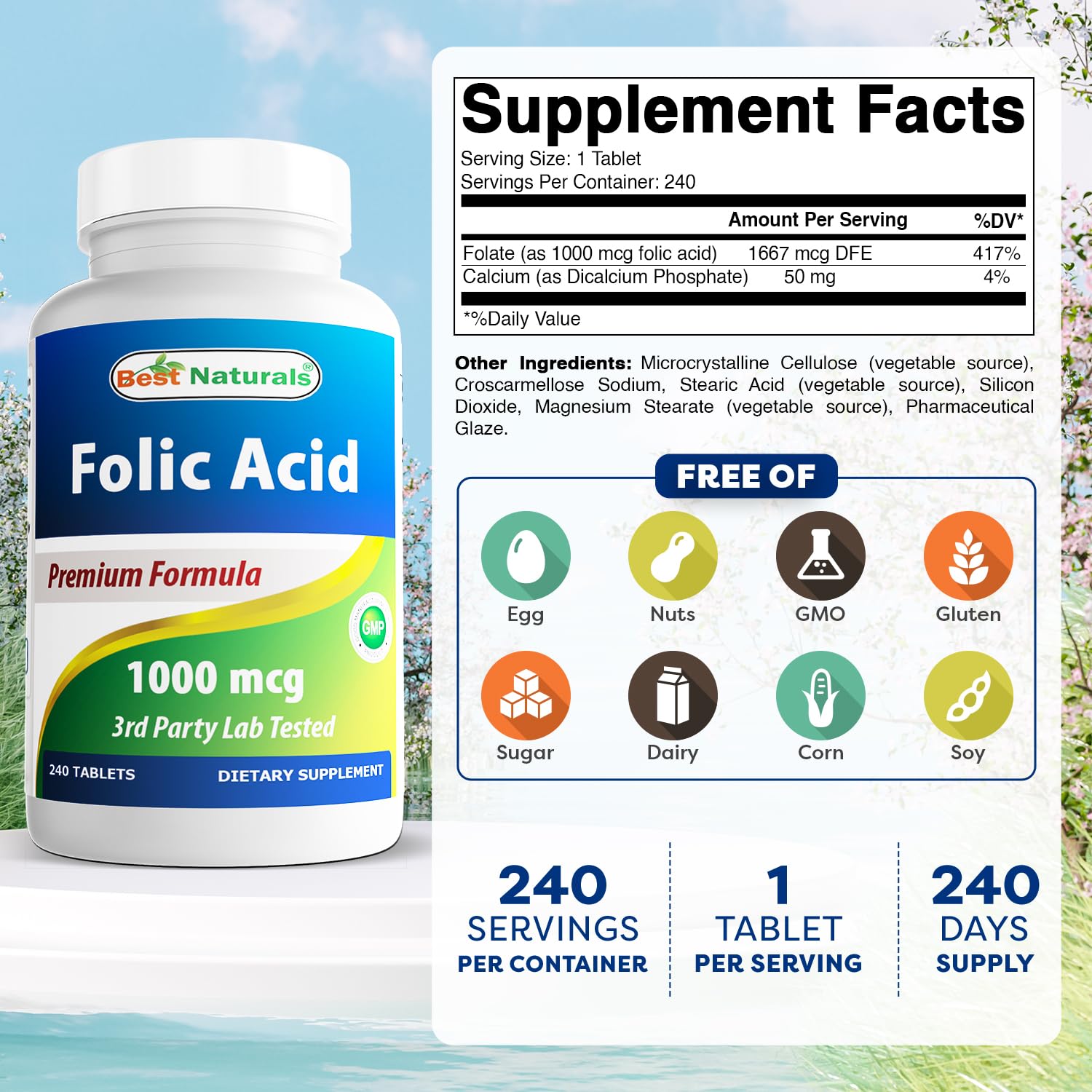 Étiquette Best Naturals acide folique 1000mcg montrant les informations essentielles.