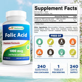Étiquette Best Naturals acide folique 1000mcg montrant les informations essentielles.