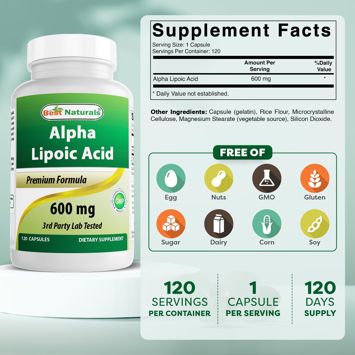 Best Naturals ALA 600 mg bouteille fermée, intégration facile dans la routine