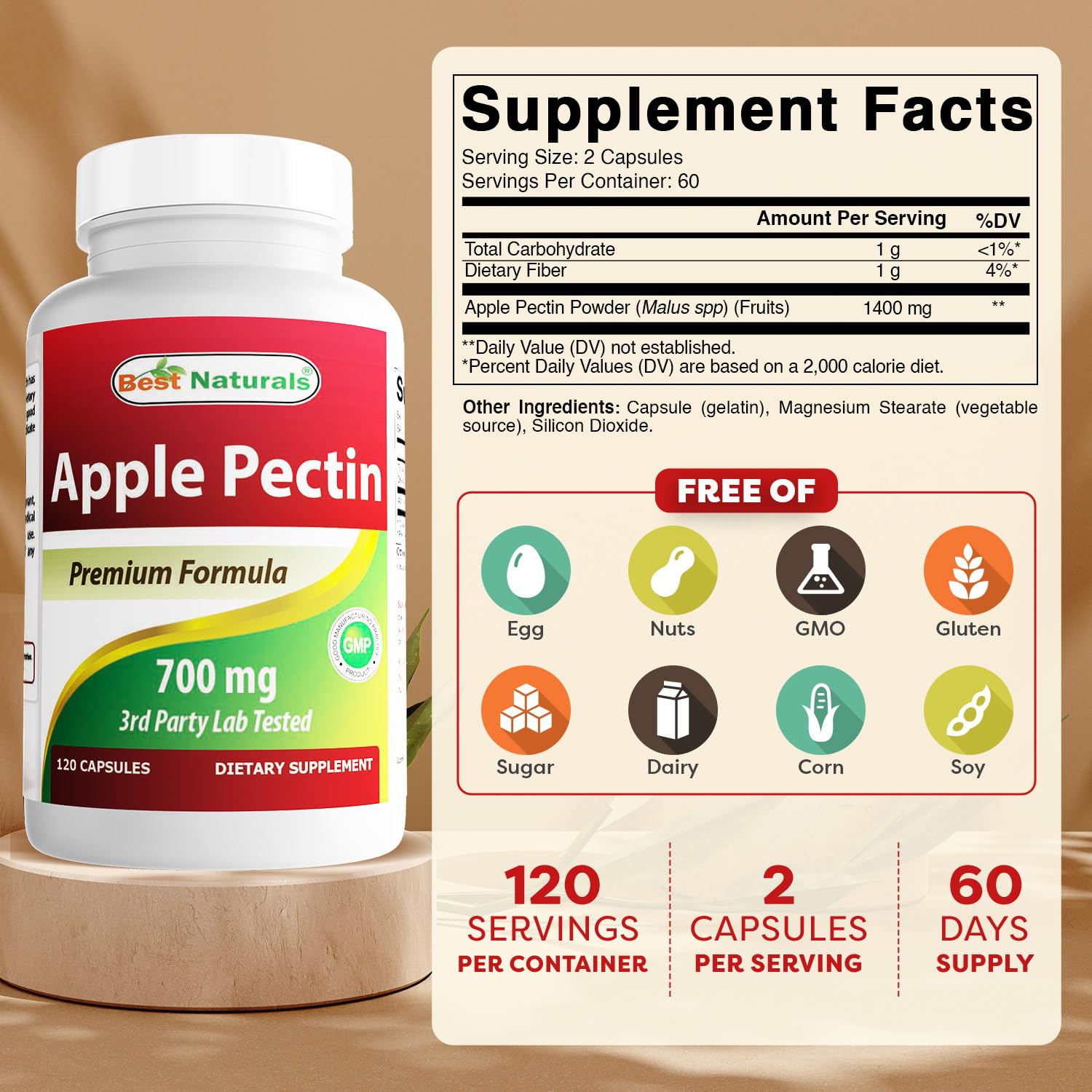 Best Naturals Pectine de Pomme 700 mg, étiquette et ingrédients en détail.
