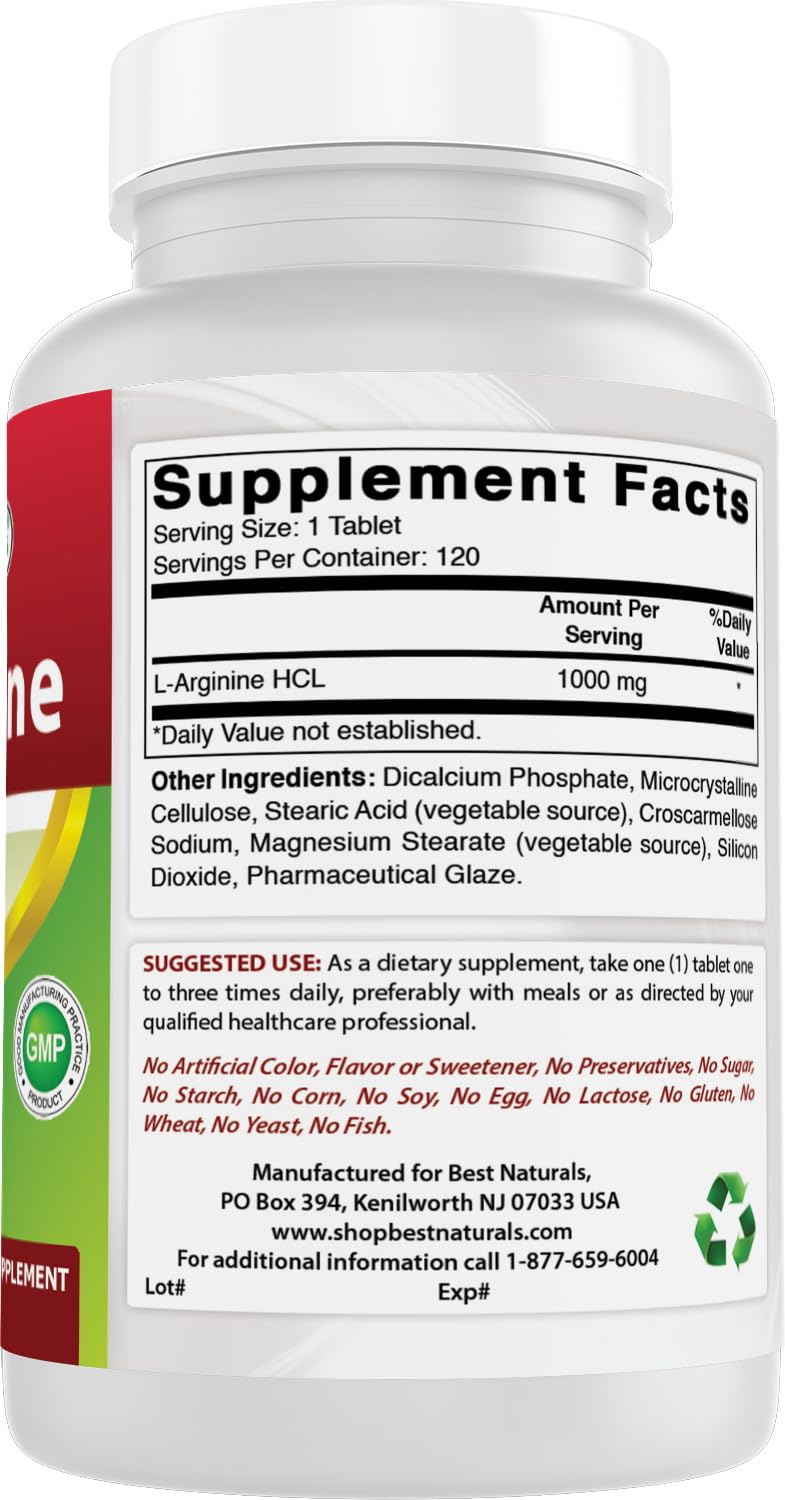 Best Naturals L-Arginine 1000 mg – dosage clair sans additifs artificiels.