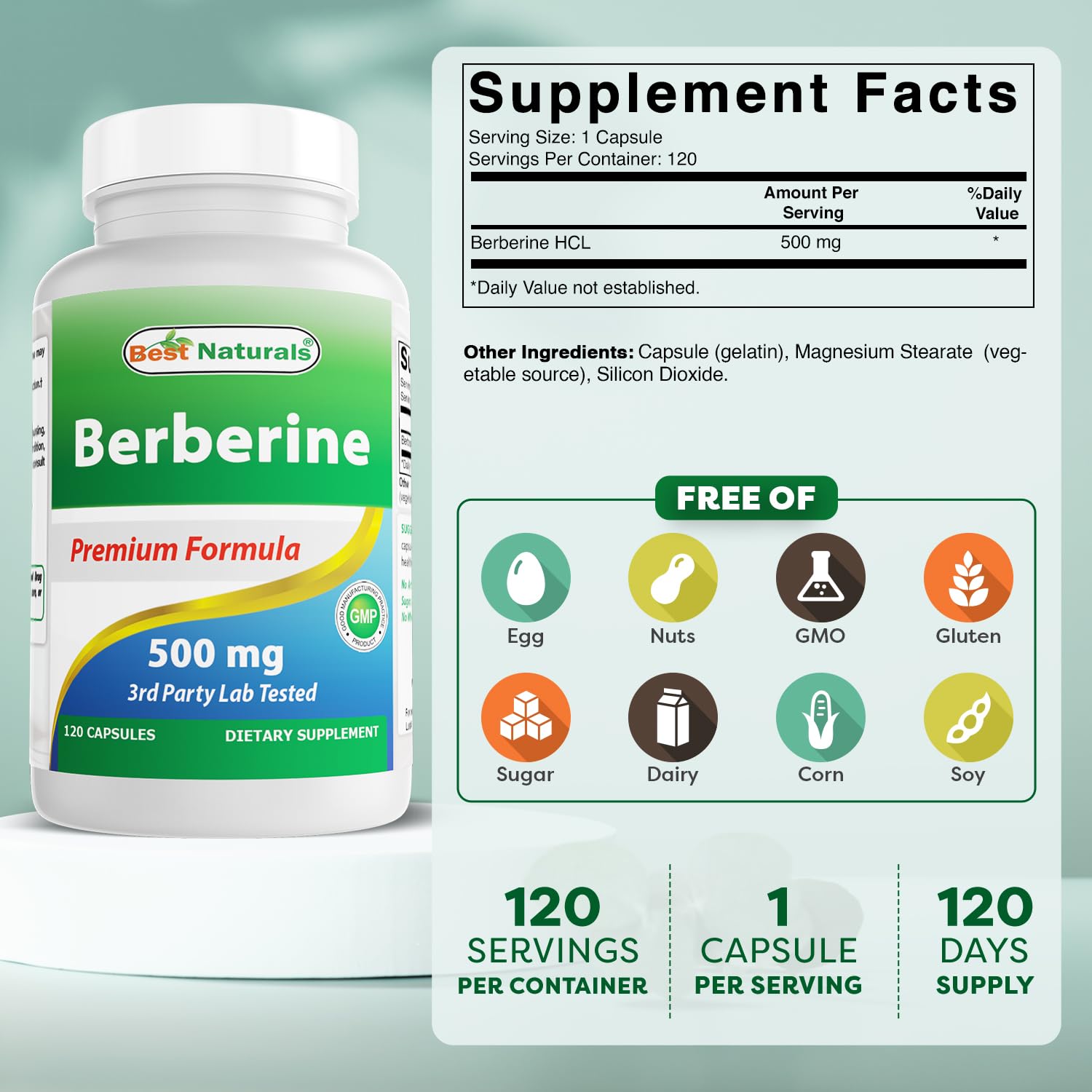 Best Naturals Berberine 500 mg — capsules en gros plan, dose précise par capsule.