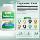Best Naturals Berberine 500 mg — capsules en gros plan, dose précise par capsule.