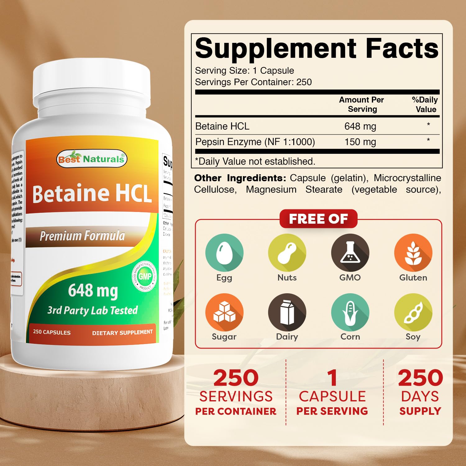 Bouteille Best Naturals Betaine HCL 648 mg, format économique pour routine