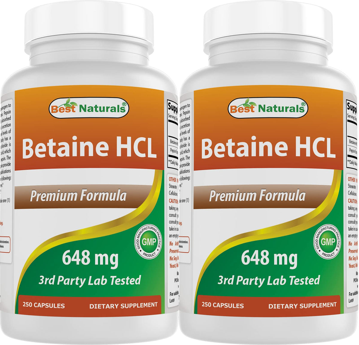 Capsules Best Naturals Betaine HCL 648 mg, faciles à avaler au quotidien