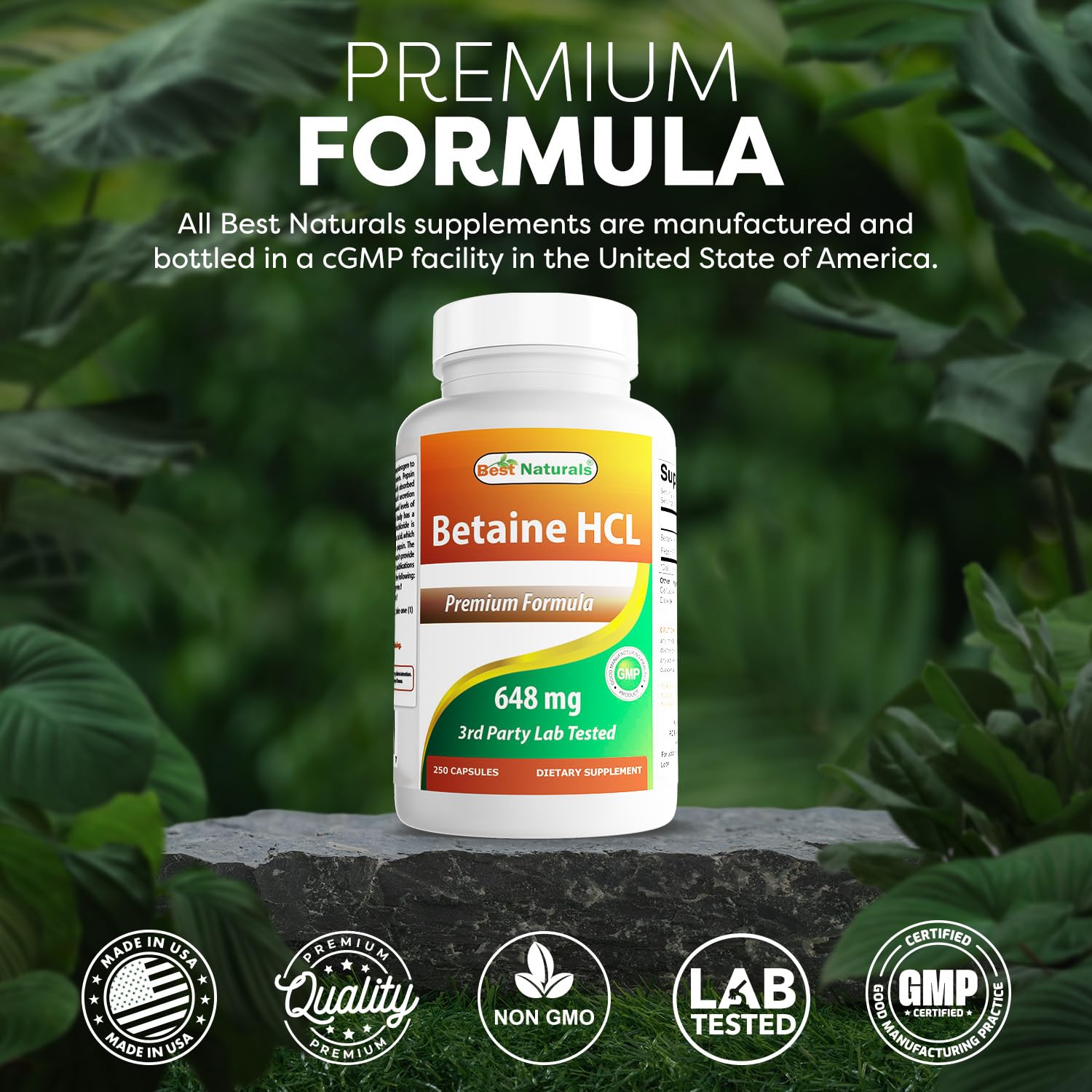 Flacon Best Naturals Betaine HCL 648 mg, conservation aisée
