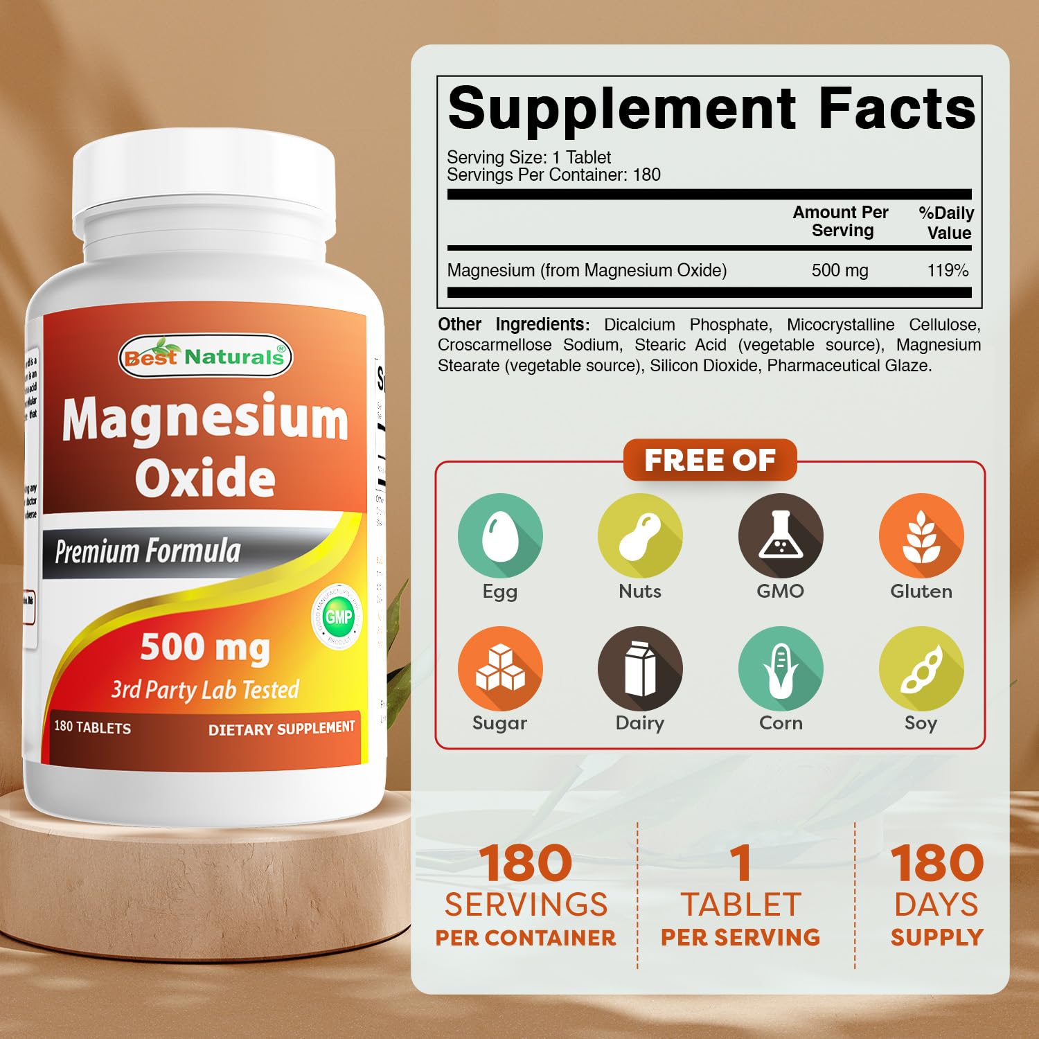 Bouteille Best Naturals Magnésium oxyde 500 mg prête à l'emploi