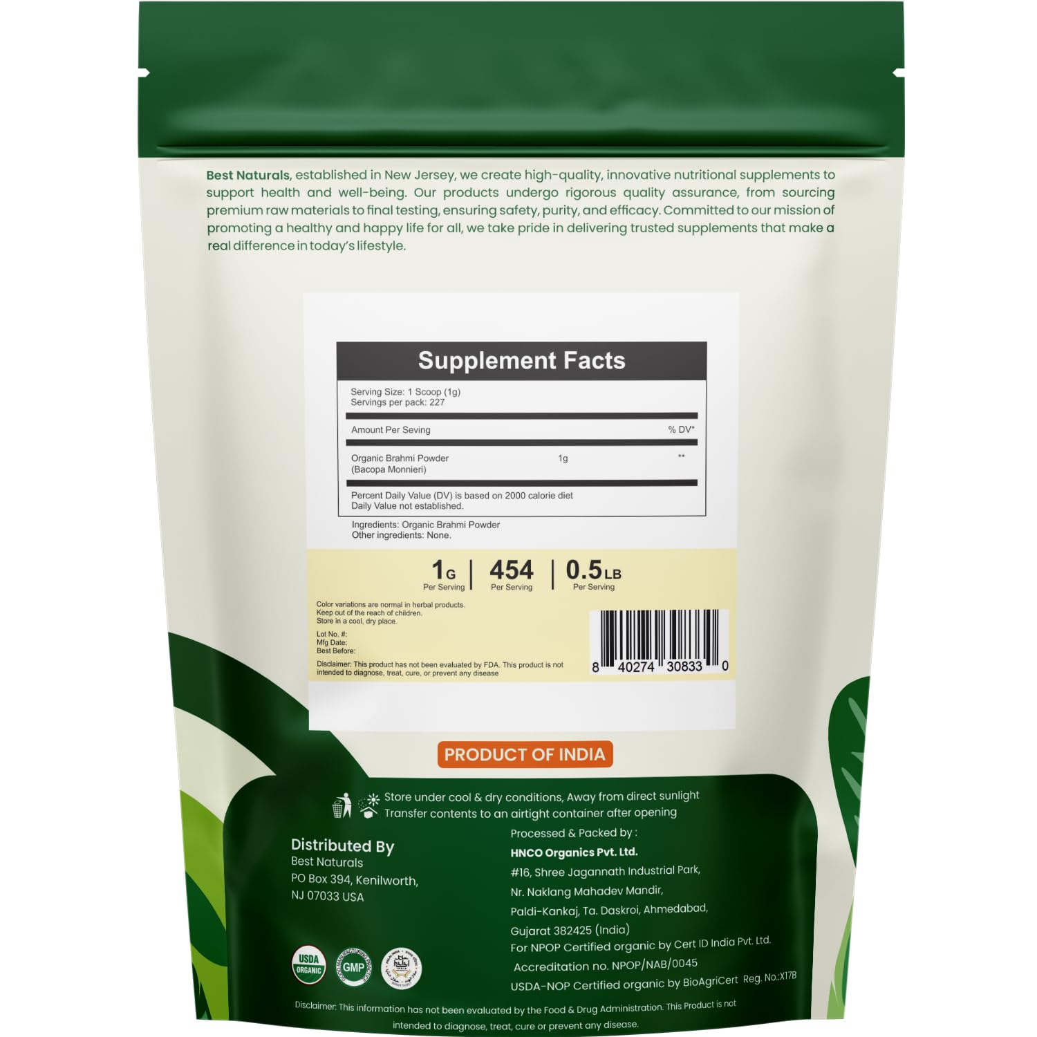 Best Naturals Brahmi poudre, texture fine, prête à mélanger dans tisanes et boissons.
