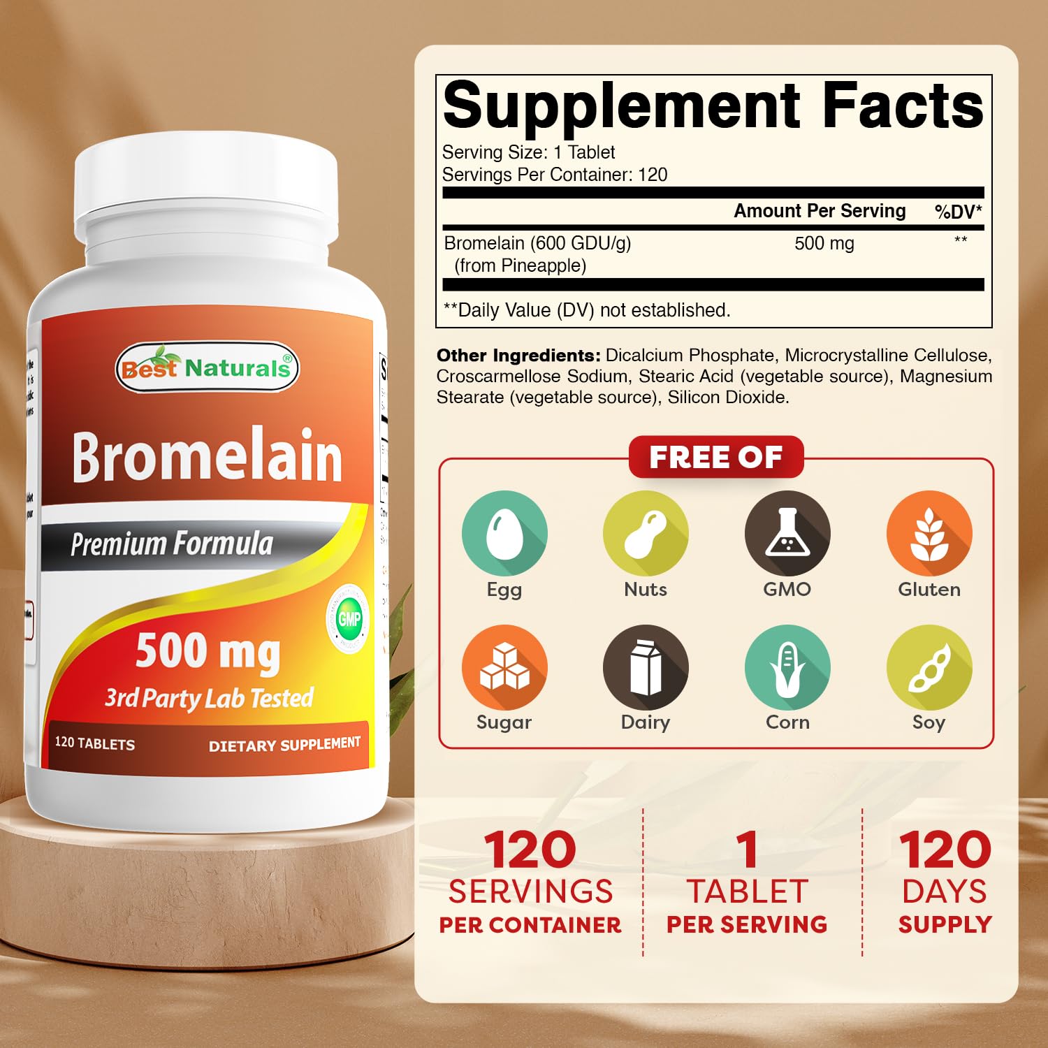 Best Naturals Bromelaïne: comprimés 500 mg visibles, soutien potentiel à la digestion après les repas.