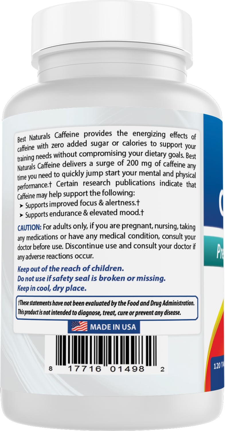 Best Naturals Caféine 200 mg – flacon pratique, idéal en voyage ou au bureau