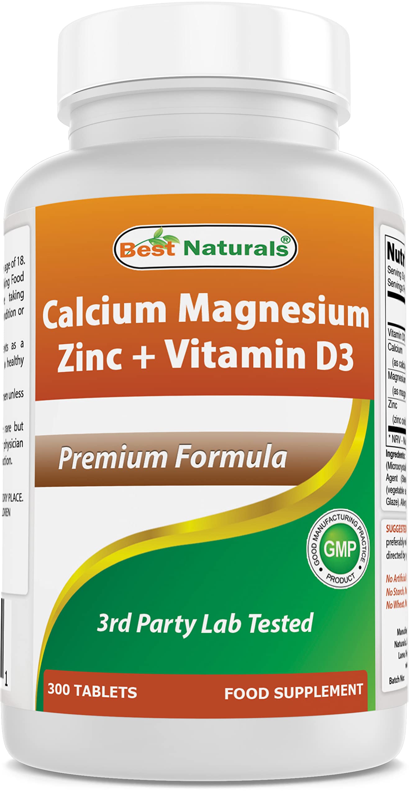 Best Naturals Calcium Magnésium Zinc D3 – bouteille-300-tablettes : soutien des os et énergie naturelle