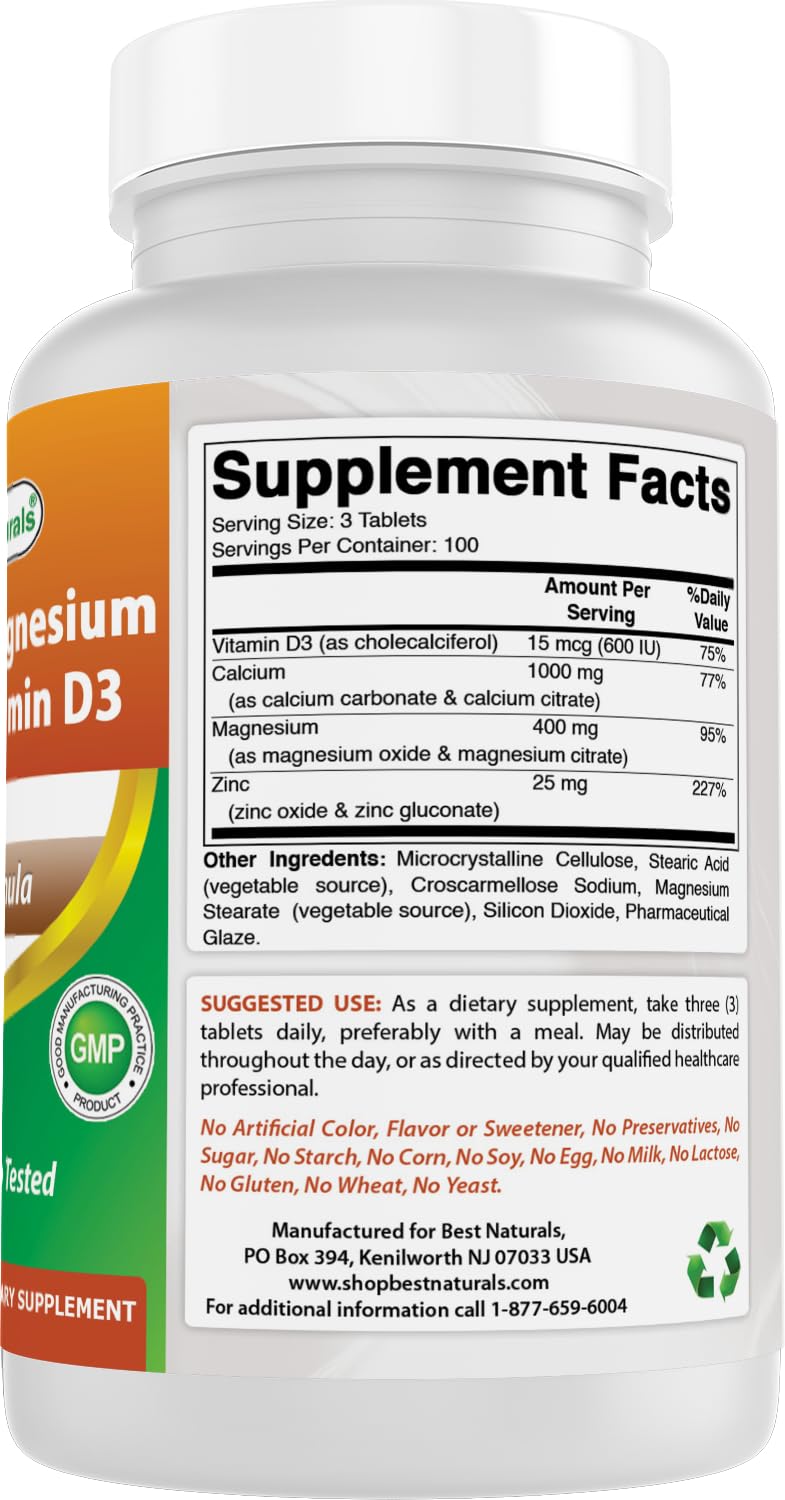 Best Naturals Calcium Magnésium Zinc D3 – soutien musculaire et endurance