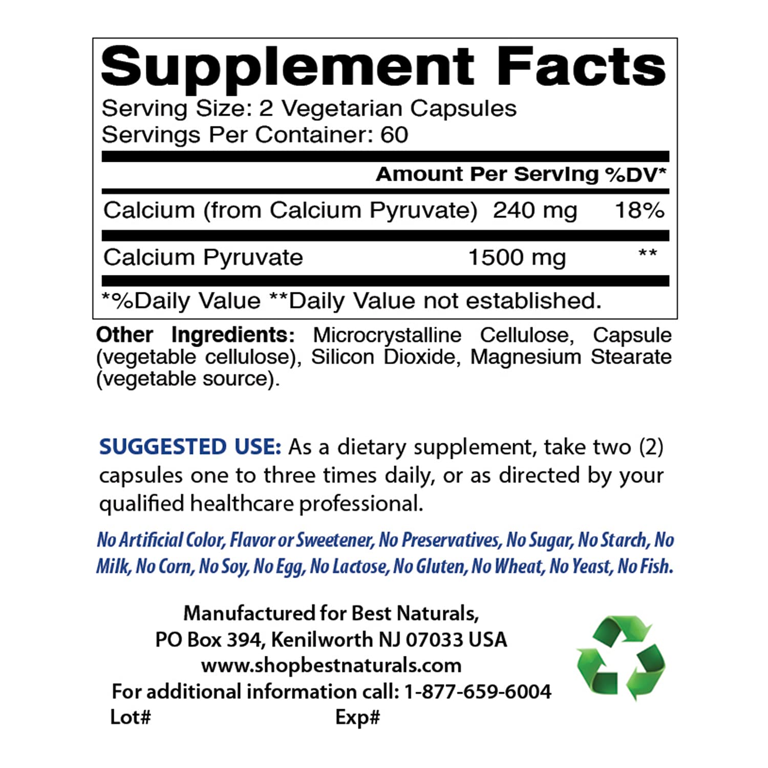 Best Naturals Calcium Pyruvate capsules végétariennes faciles à avaler.