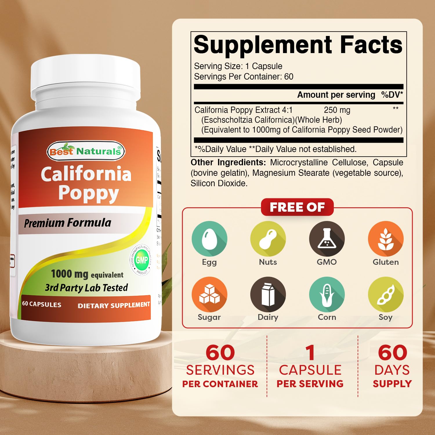 Best Naturals California Poppy — capsules visibles idéales pour une prise simple.