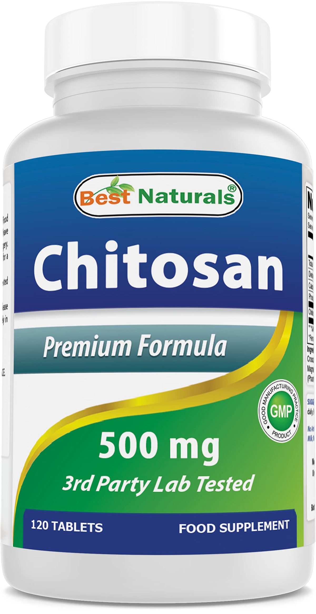 Best Naturals Chitosan comprimés dans flacon, sans OGM et sans allergènes.
