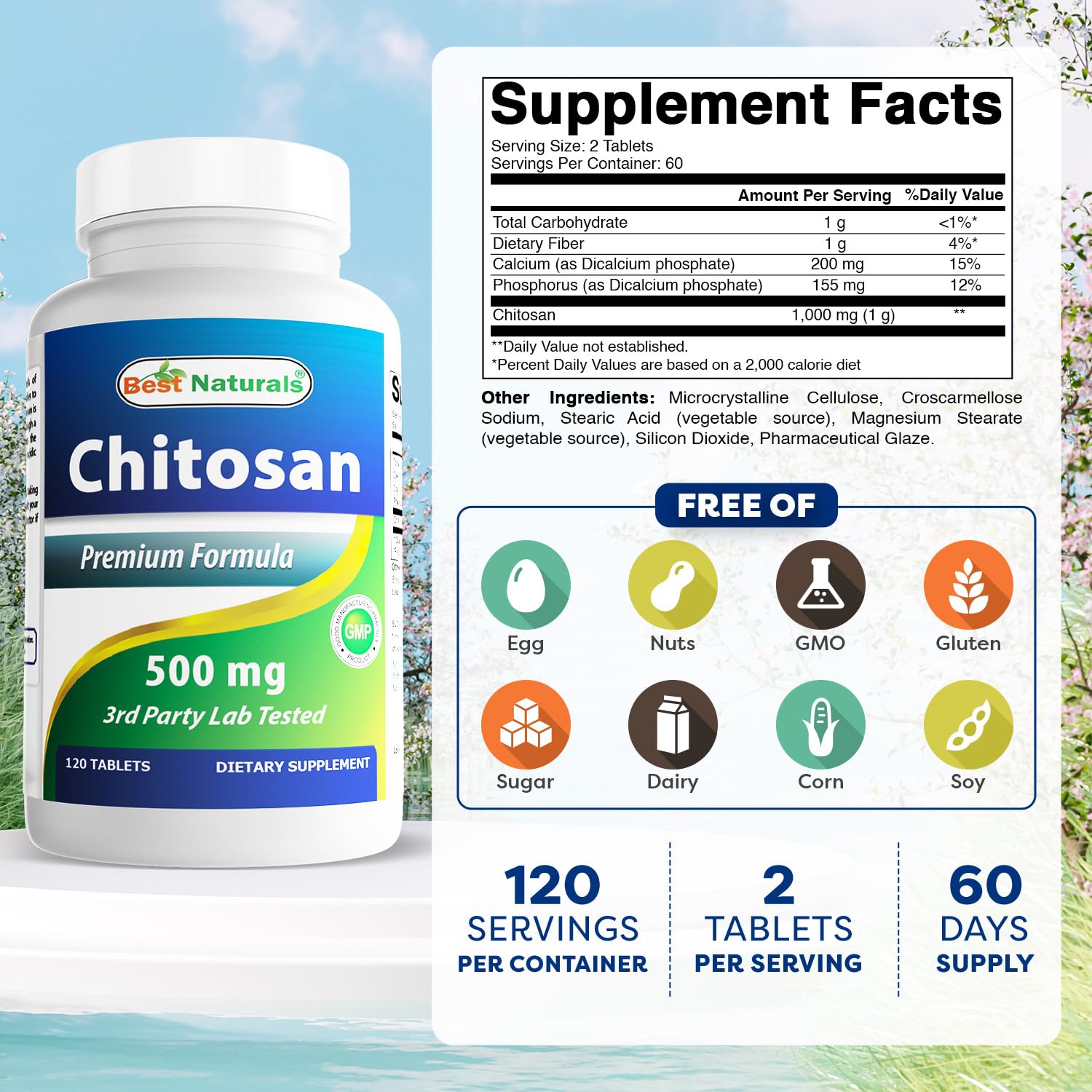 Best Naturals Chitosan dos 500 mg, tablettes visibles et faciles a prendre.