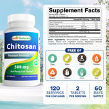 Best Naturals Chitosan dos 500 mg, tablettes visibles et faciles a prendre.
